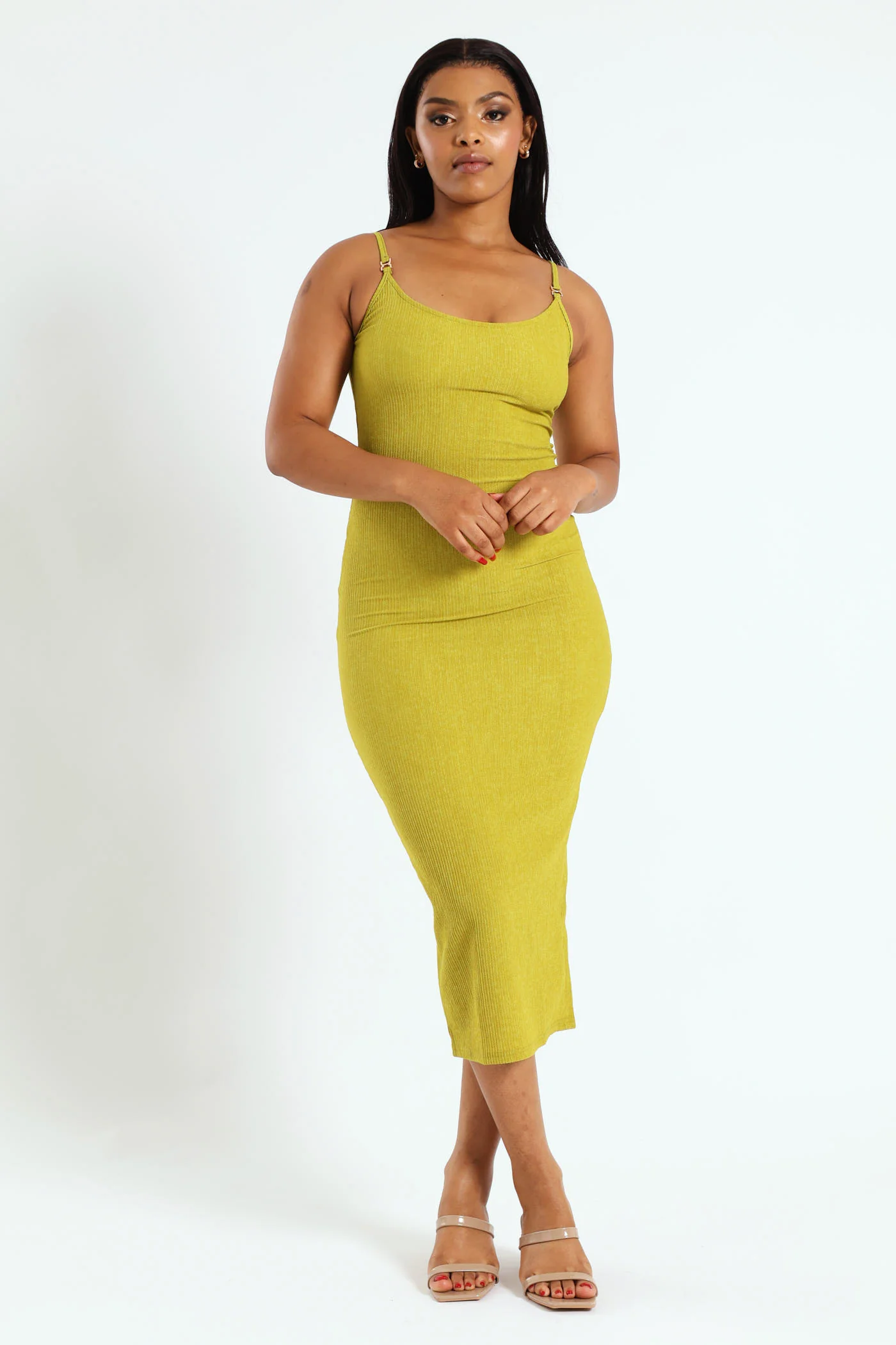 Textured Basic Strappy Midi Dress - Chartreuse