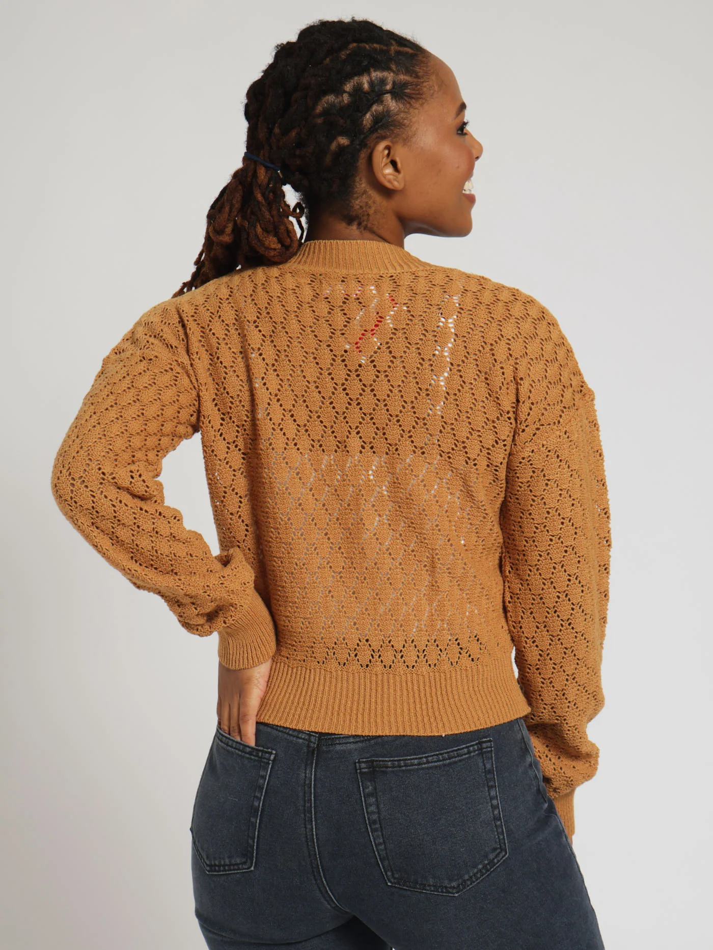 Textured Button Up Cardigan - Caramel - Image 3