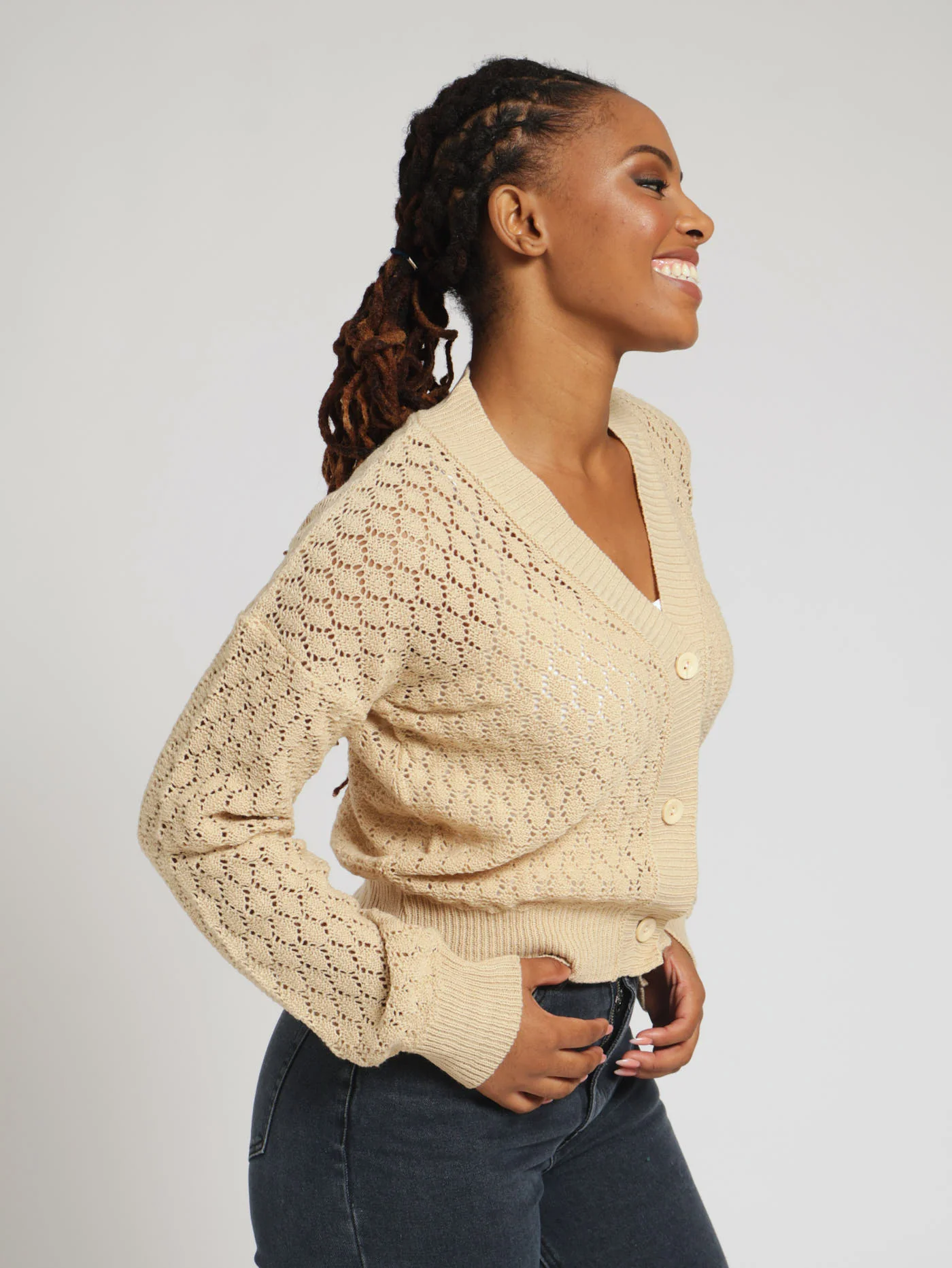 Textured Button Up Cardigan - Stone - Image 2