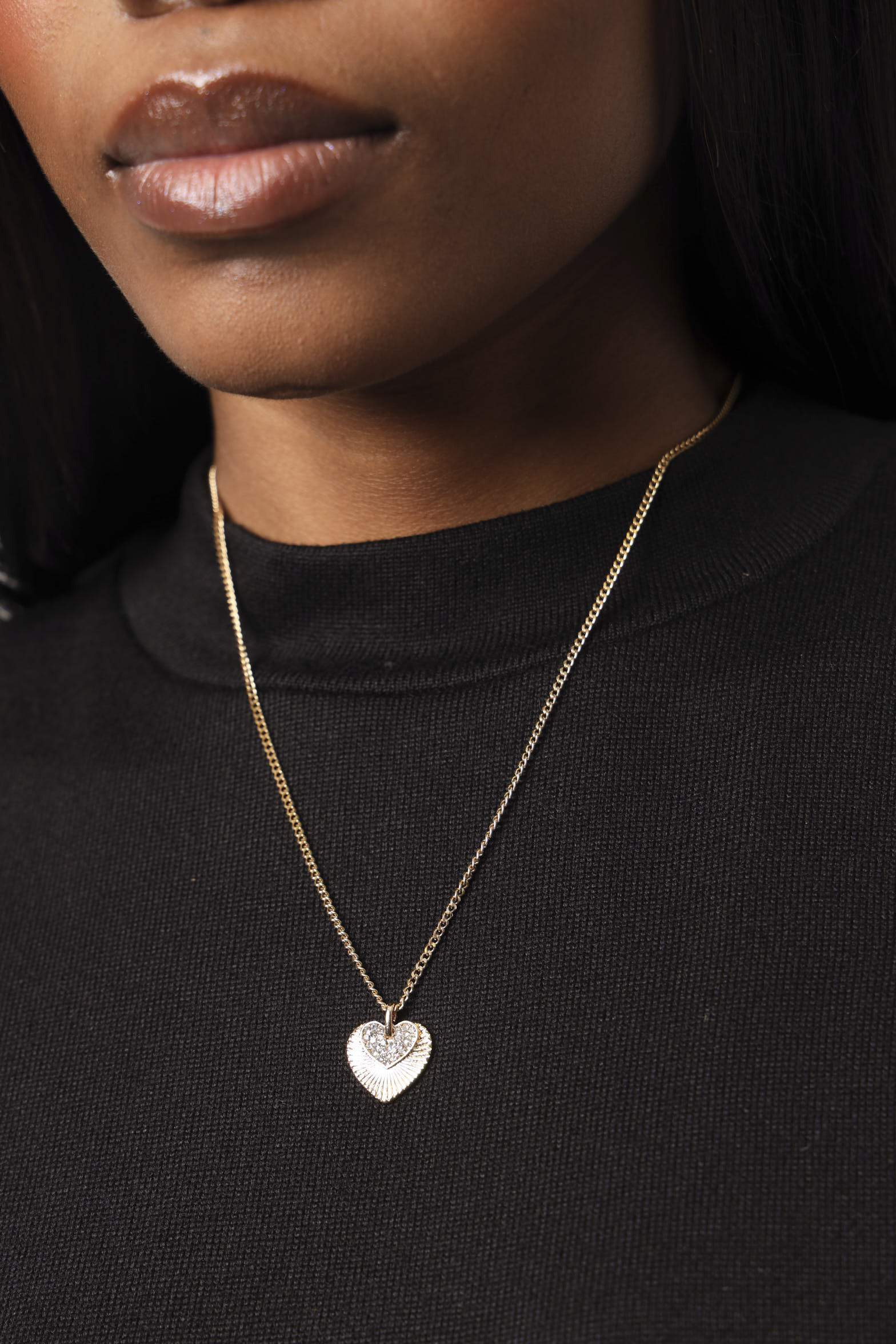 Textured Diamante Heart Necklace - Gold - Image 2