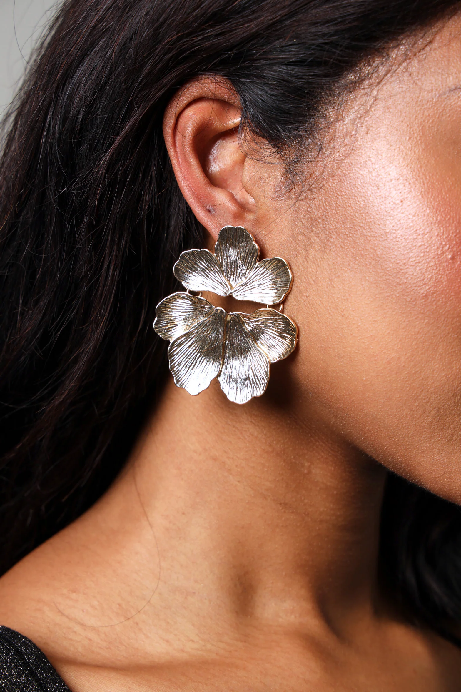 Textured Flower Statement Earring - Gold