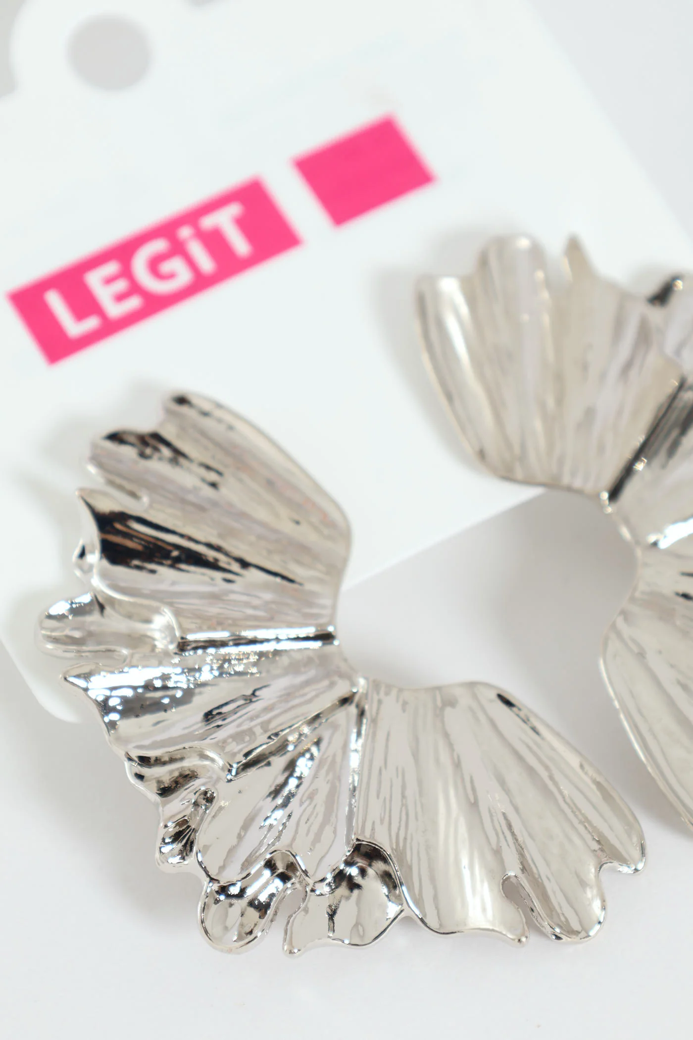 Textured Half Leaf Statement Earrings - Silver - Image 3