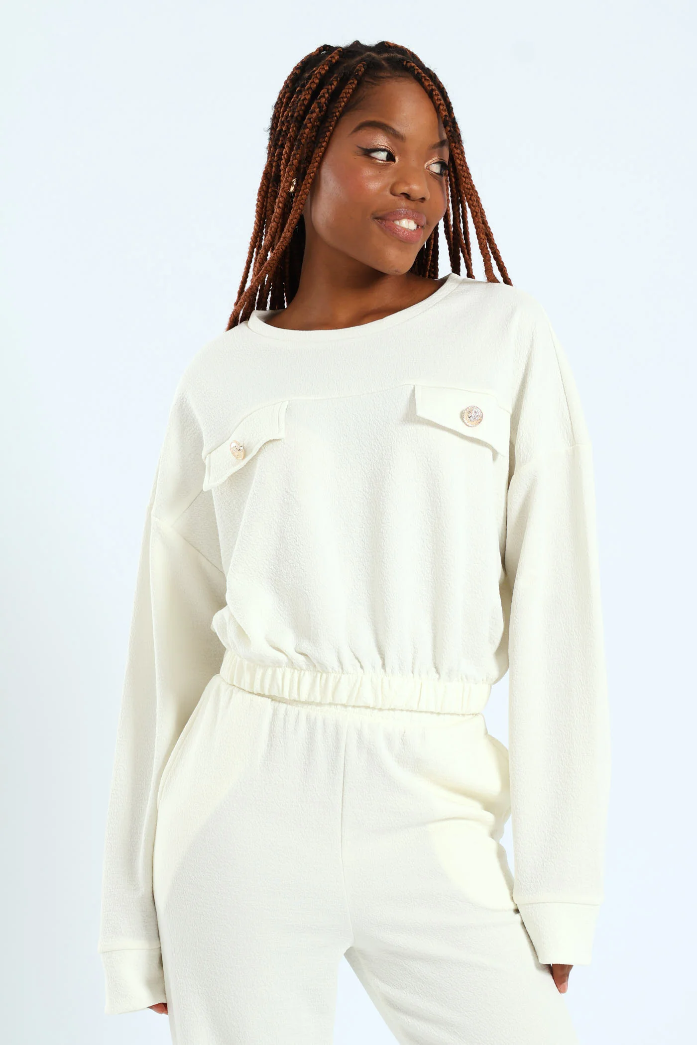 Textured Knit Button Detail Pullover - White