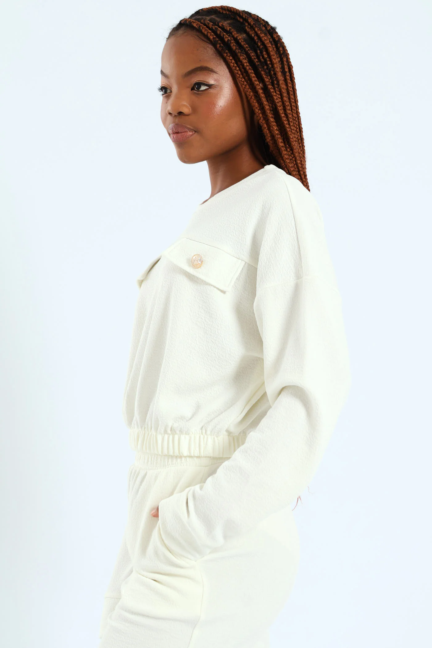 Textured Knit Button Detail Pullover - White - Image 3