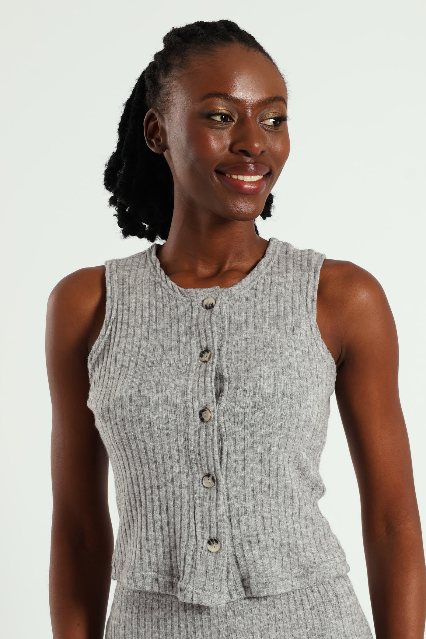 Textured Knit Button Front Top - Grey Melange