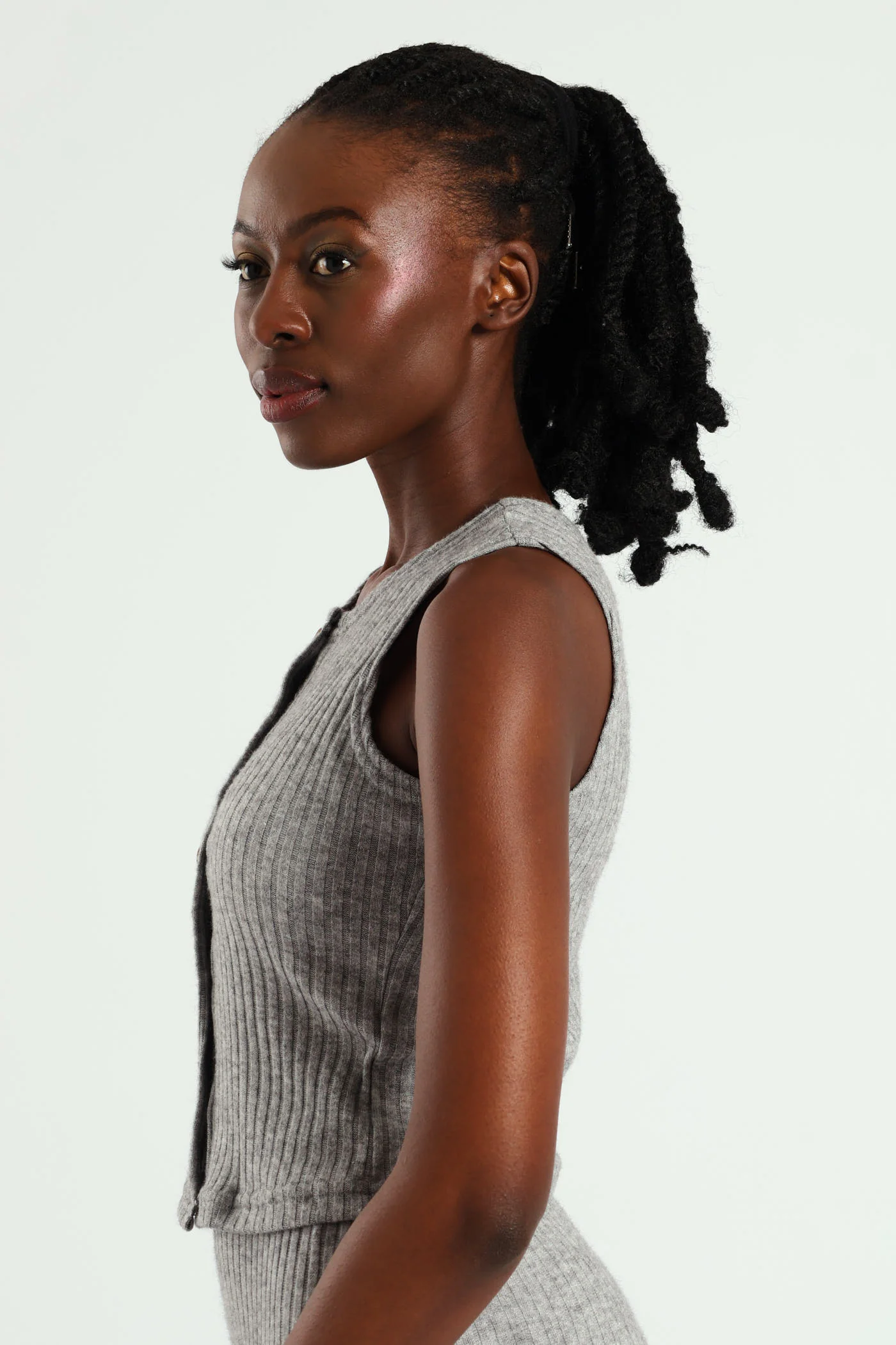 Textured Knit Button Front Top - Grey Melange - Image 3