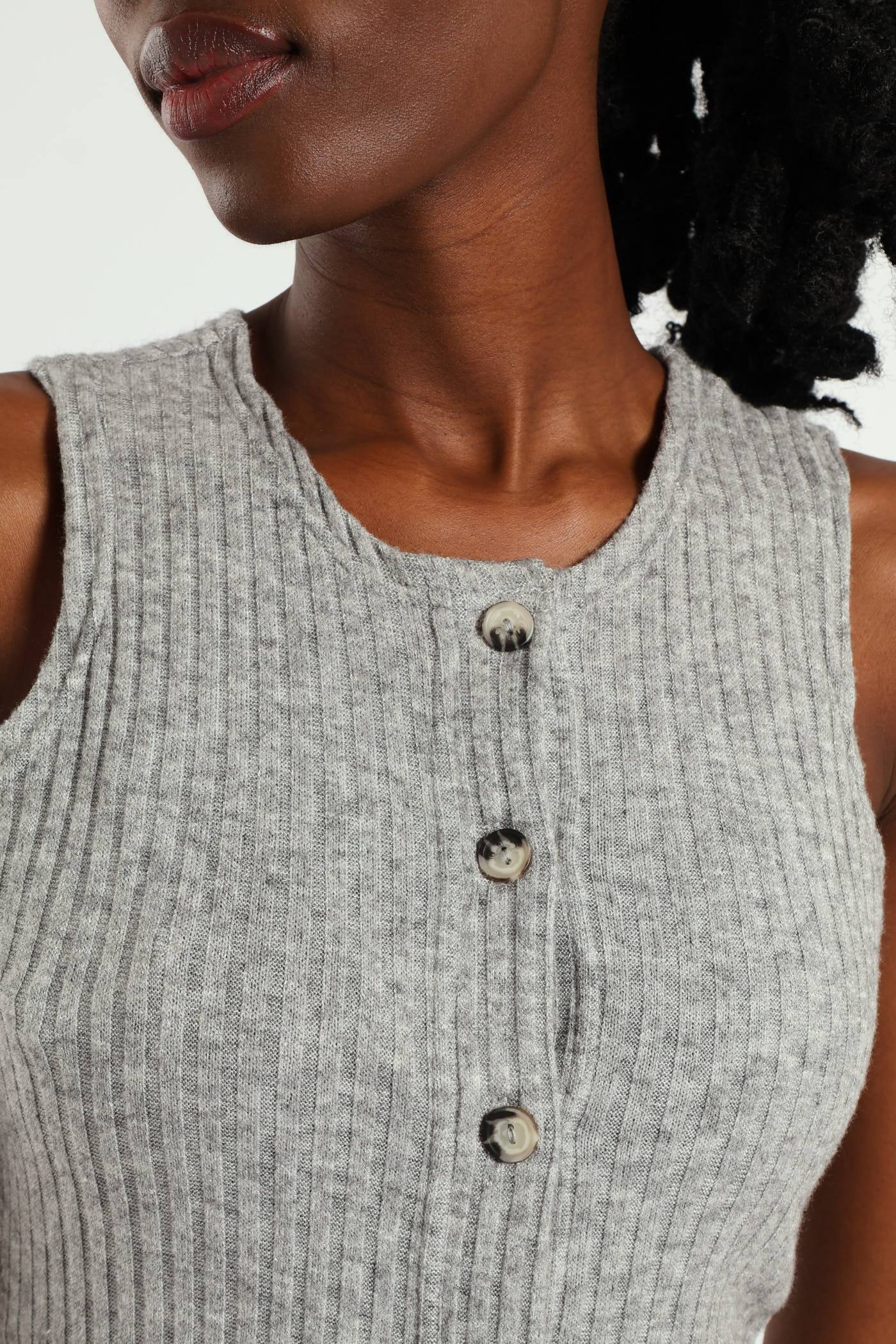 Textured Knit Button Front Top - Grey Melange - Image 4