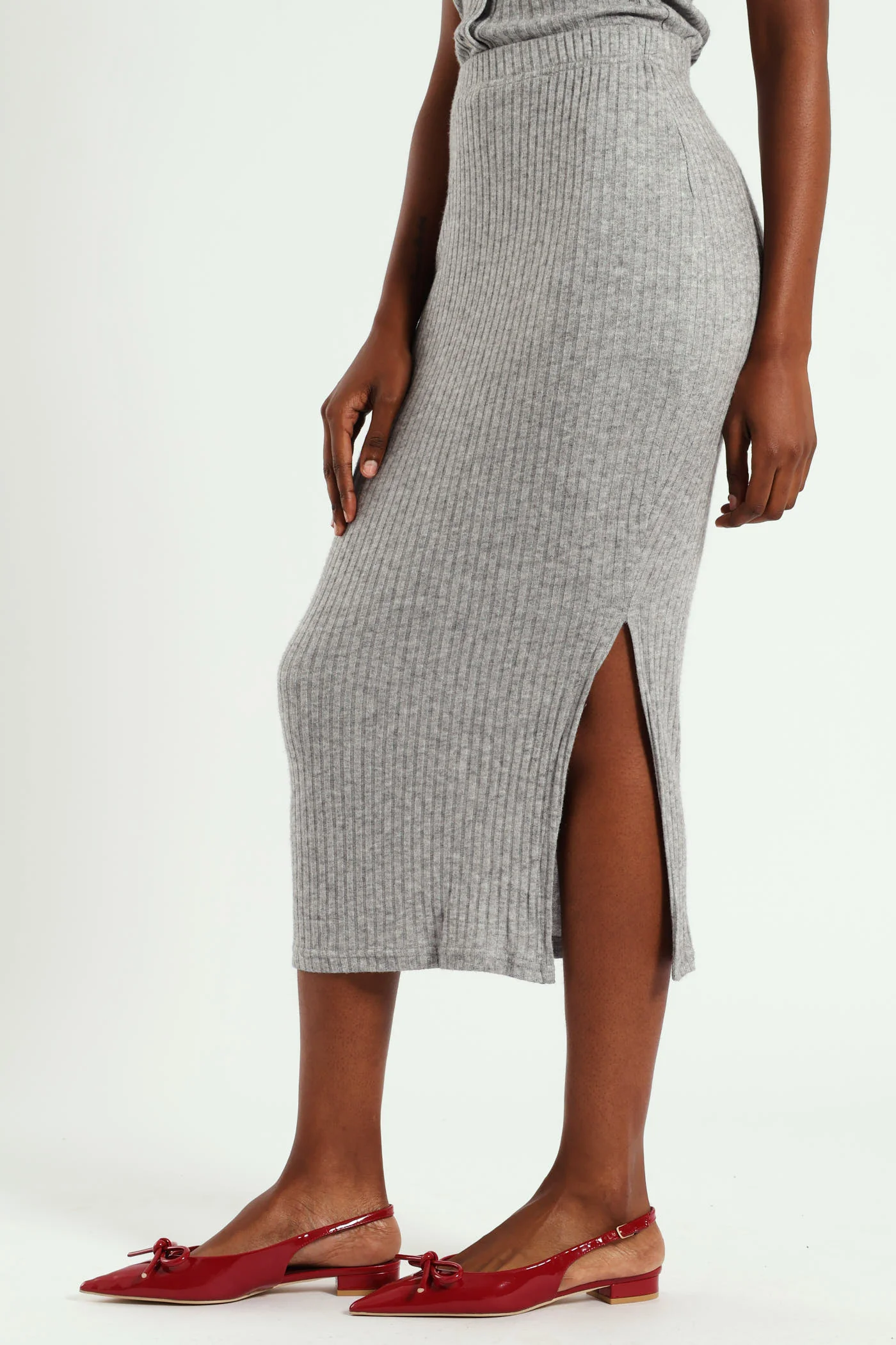Textured Knit Pencil Skirt - Grey Melange - Image 3
