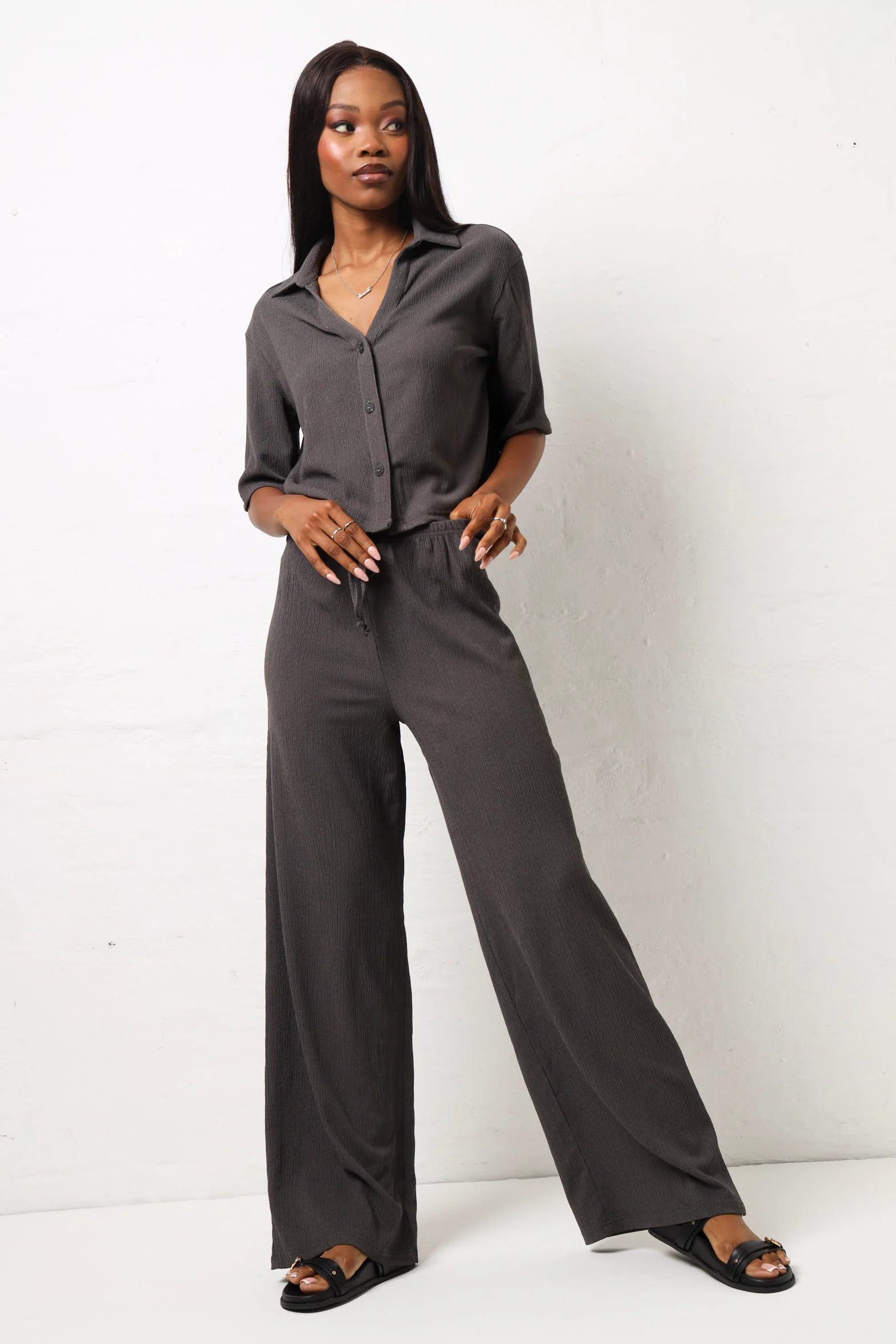 Textured Knit Wide leg Pants - Charcoal - Image 2