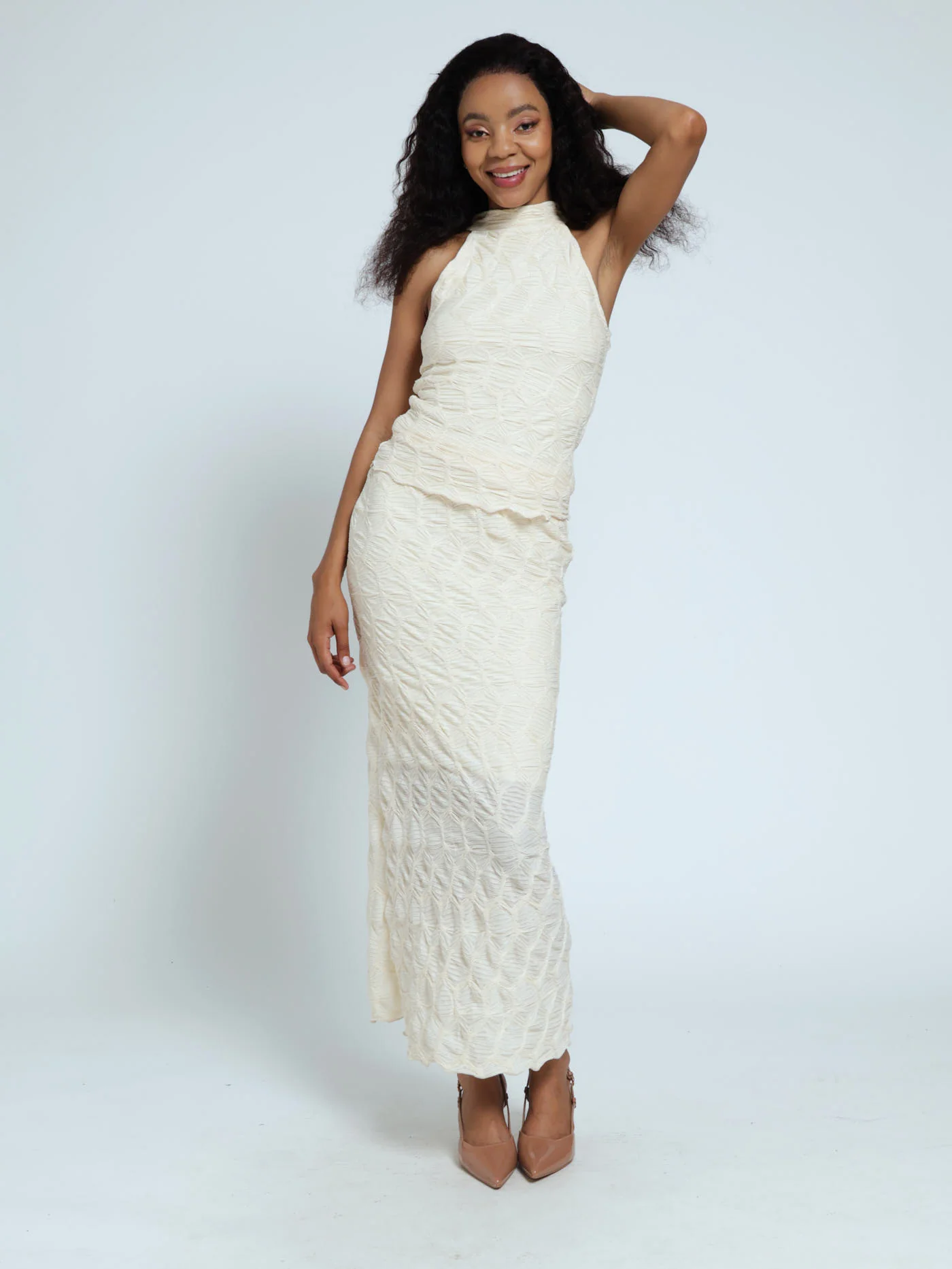 Textured Mesh Midi Skirt - Cream - Image 4