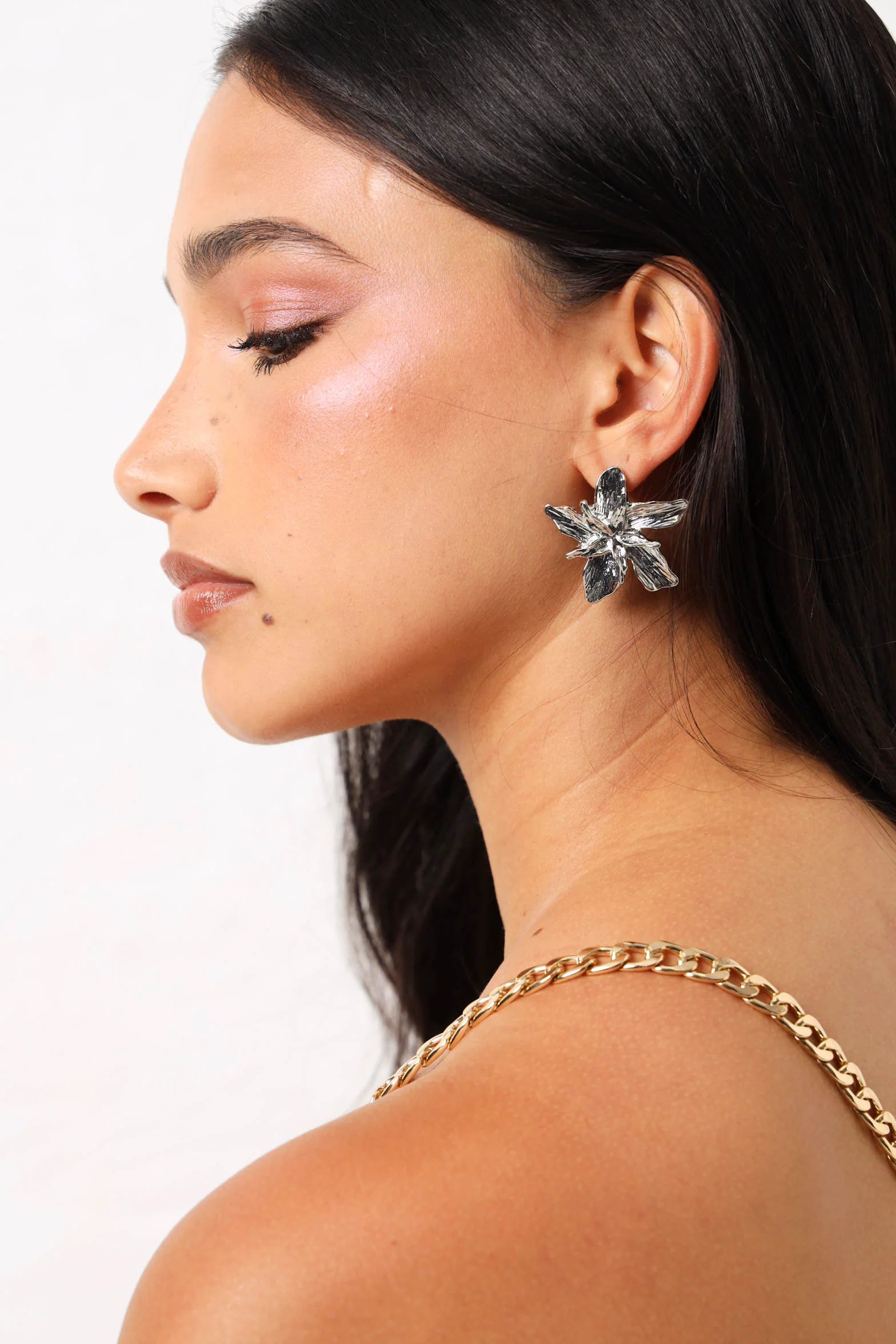 Textured Statement Flower Earrings - Silver