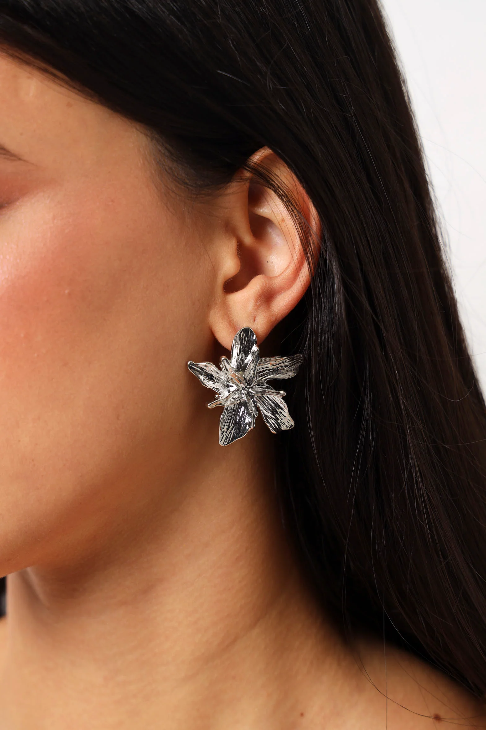 Textured Statement Flower Earrings - Silver - Image 3