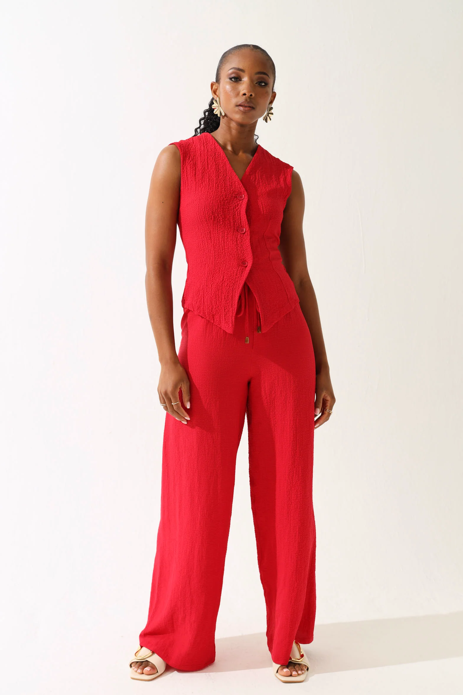 Textured Wide Leg Pants - Red
