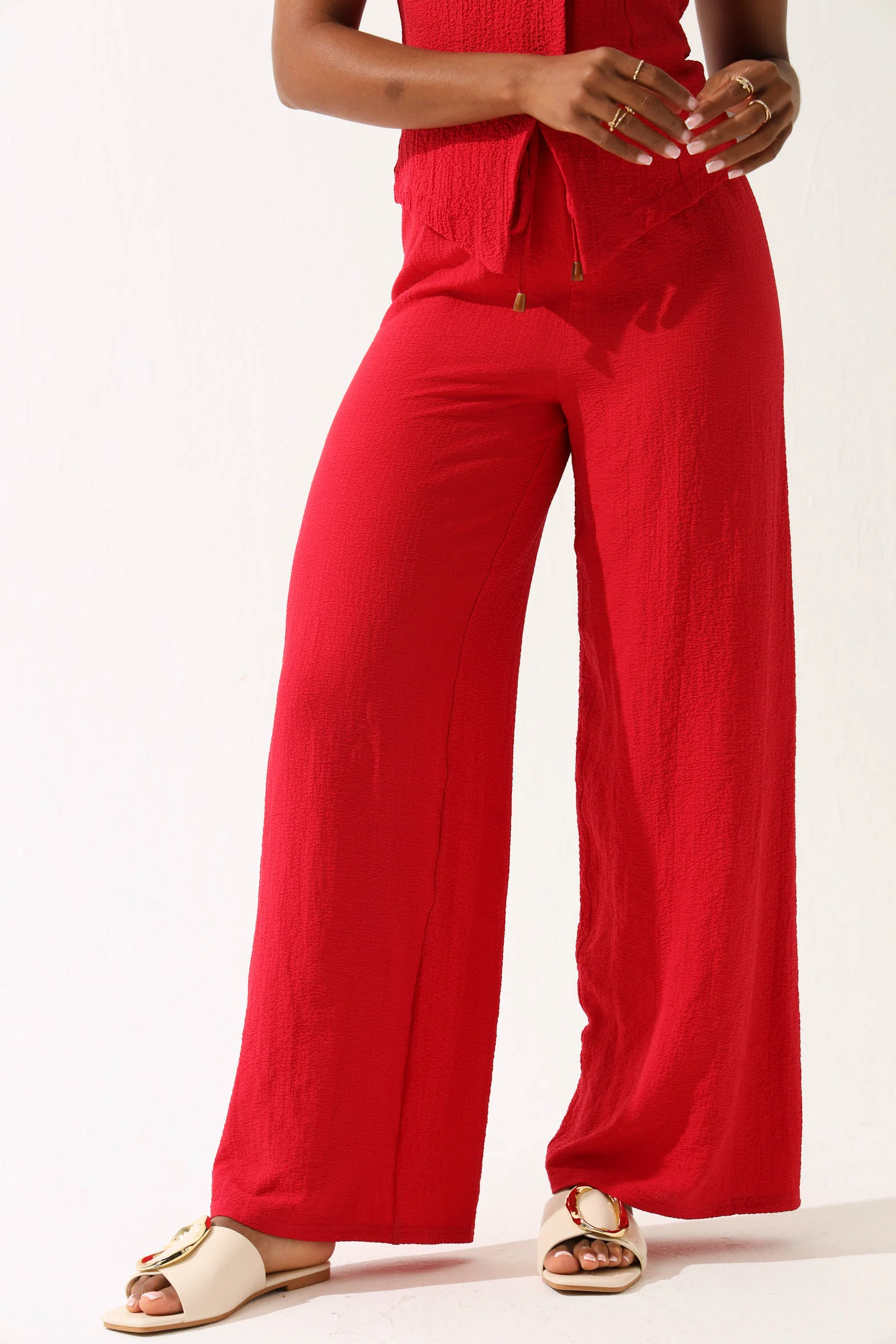 Textured Wide Leg Pants - Red - Image 2