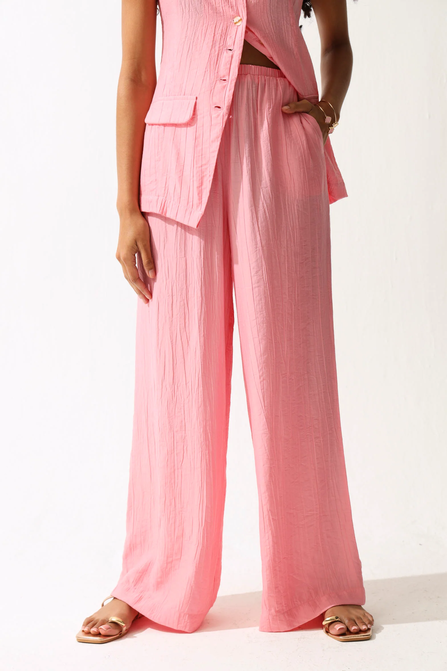 Textured Woven Wide Leg Pants - Pink