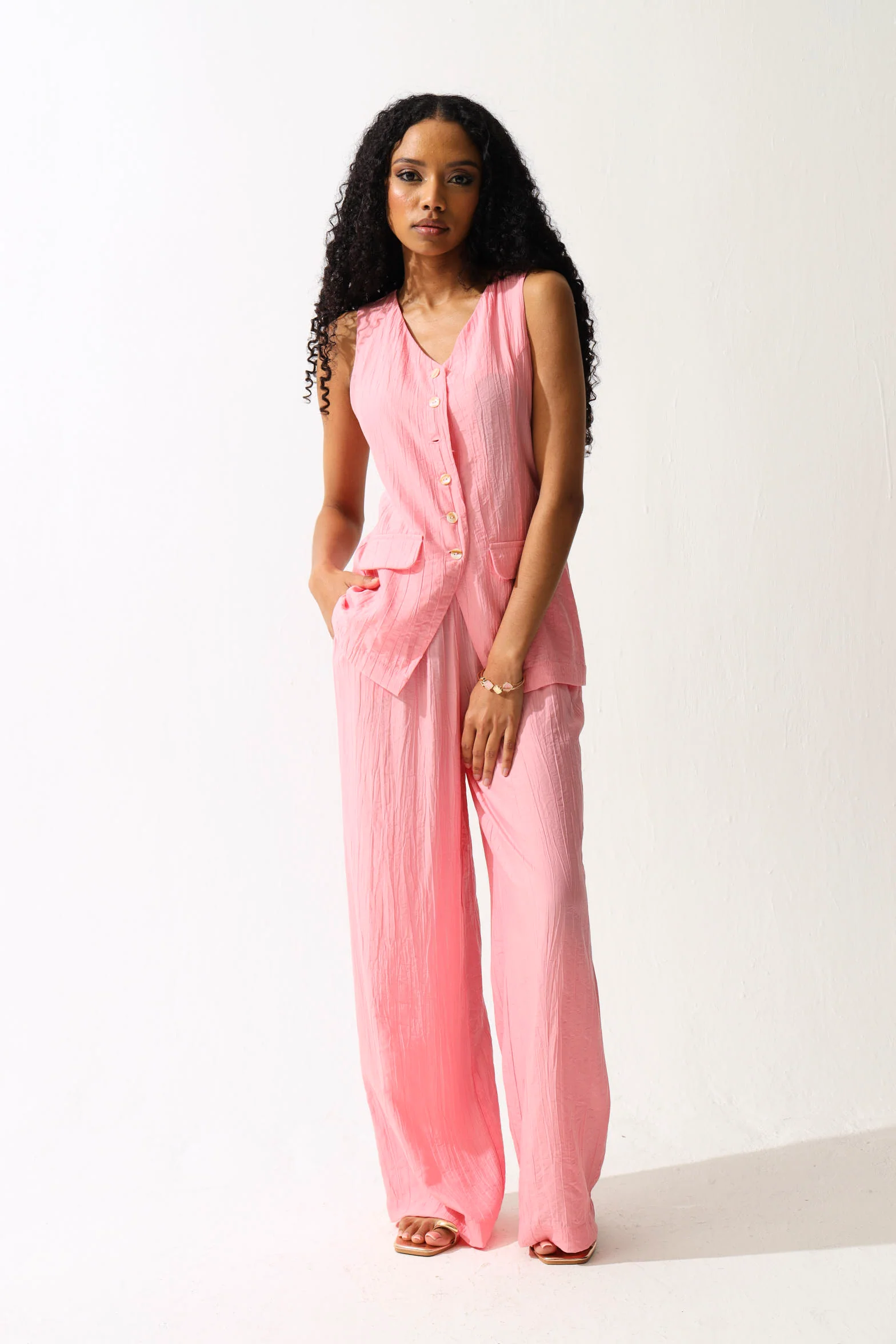 Textured Woven Wide Leg Pants - Pink - Image 3