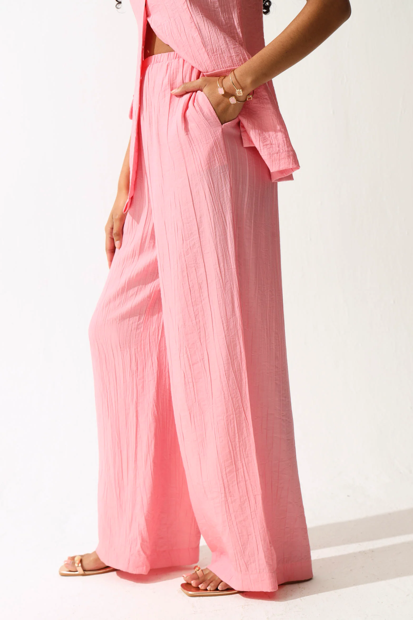 Textured Woven Wide Leg Pants - Pink - Image 4