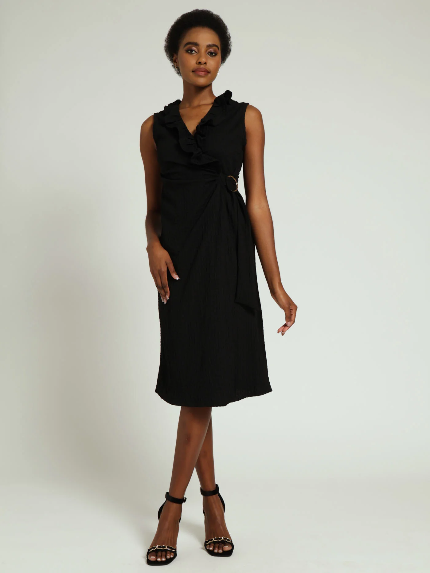 Textured Wrap Dress With Metal Trim - Black