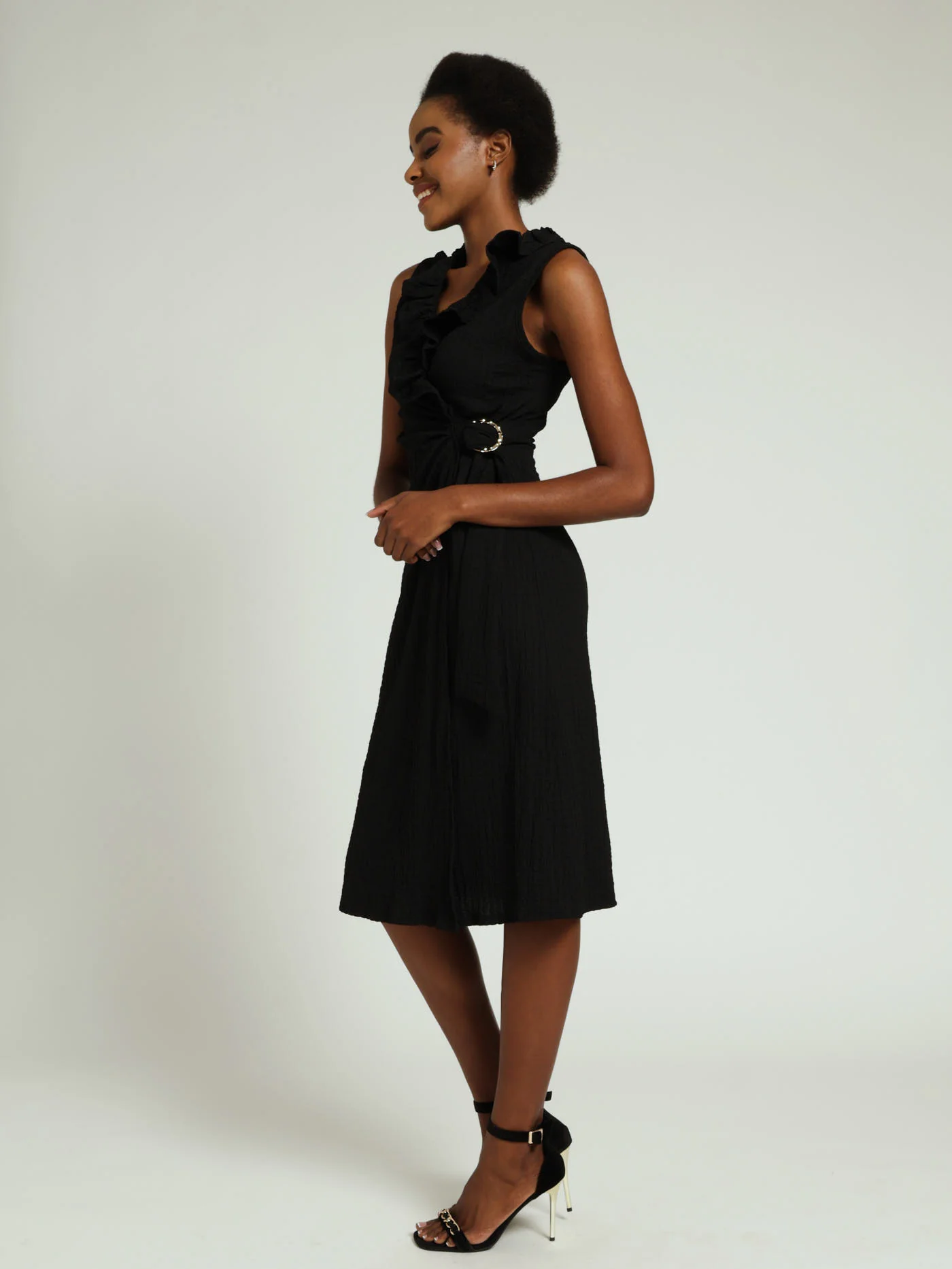 Textured Wrap Dress With Metal Trim - Black - Image 2