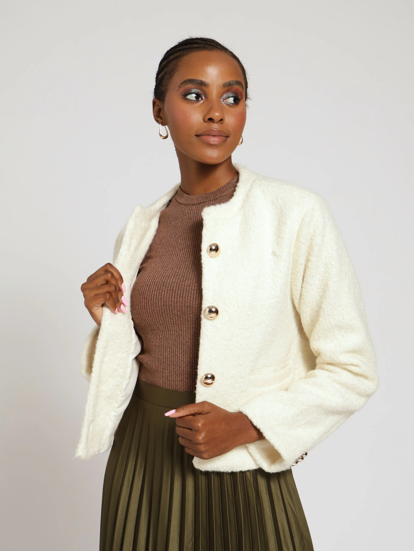 Thick Boucle Cropped Coat - Cream