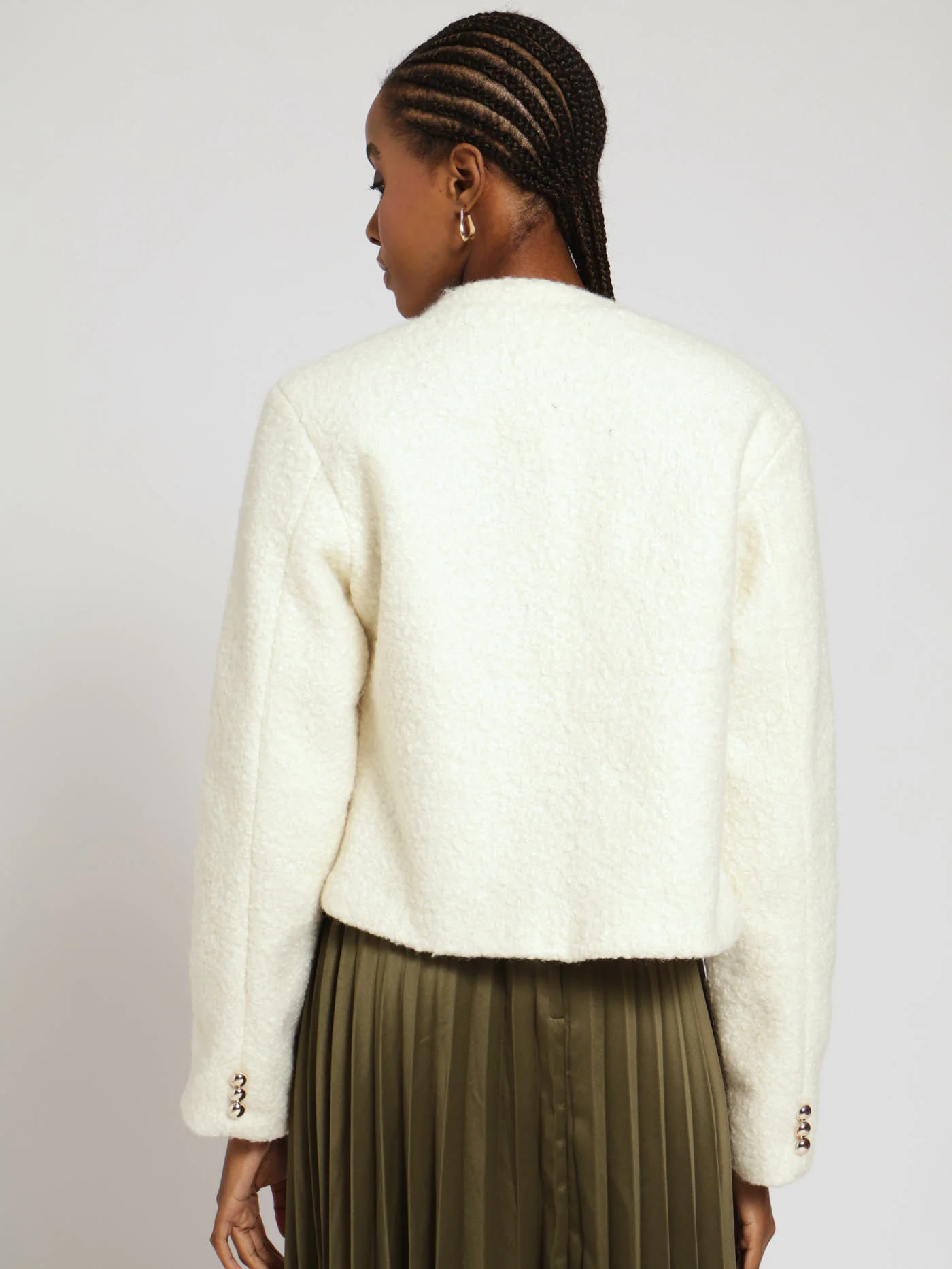 Thick Boucle Cropped Coat - Cream - Image 3