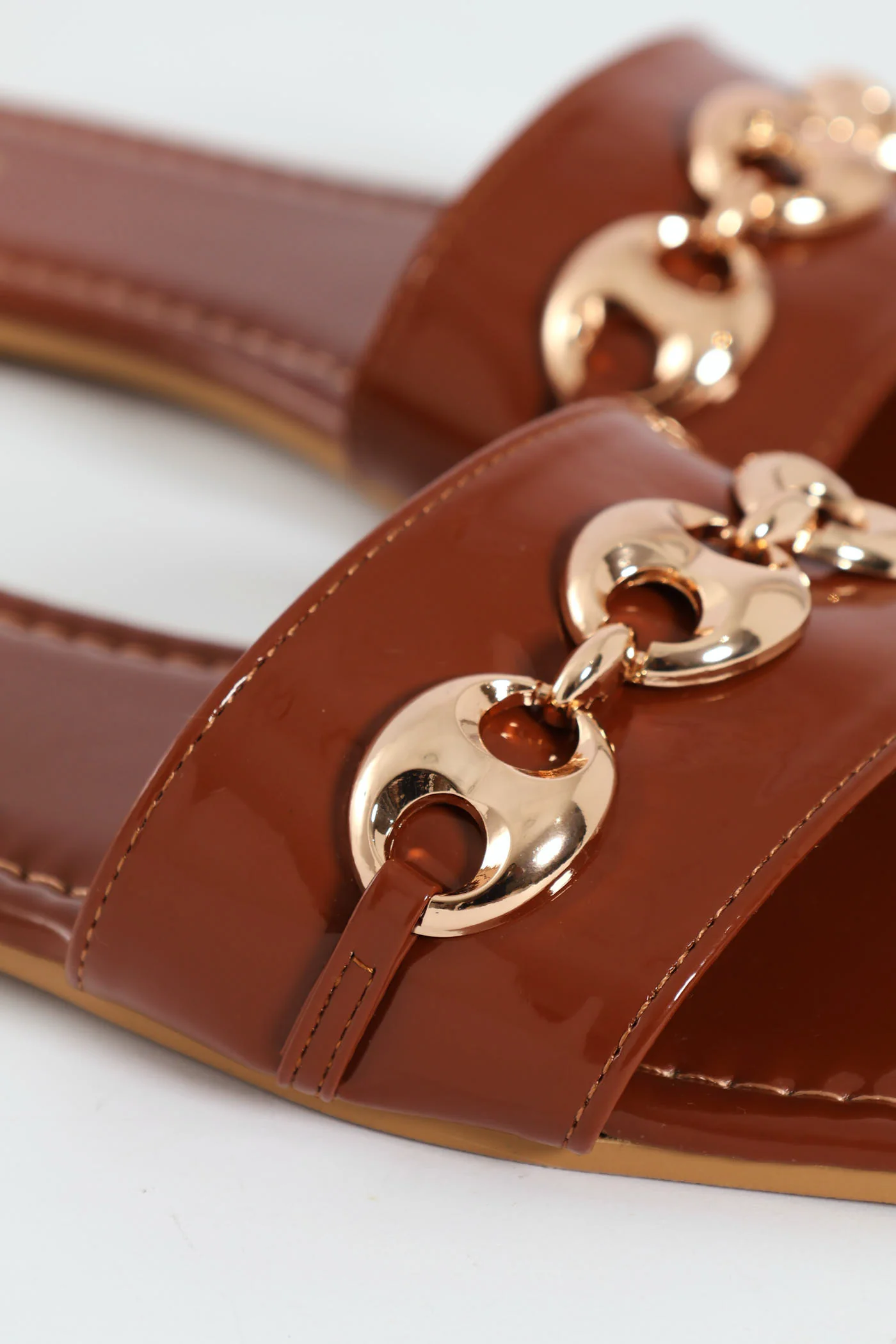 Three Chunky Link Trim Flat Mule Sandal - Tan - Image 2