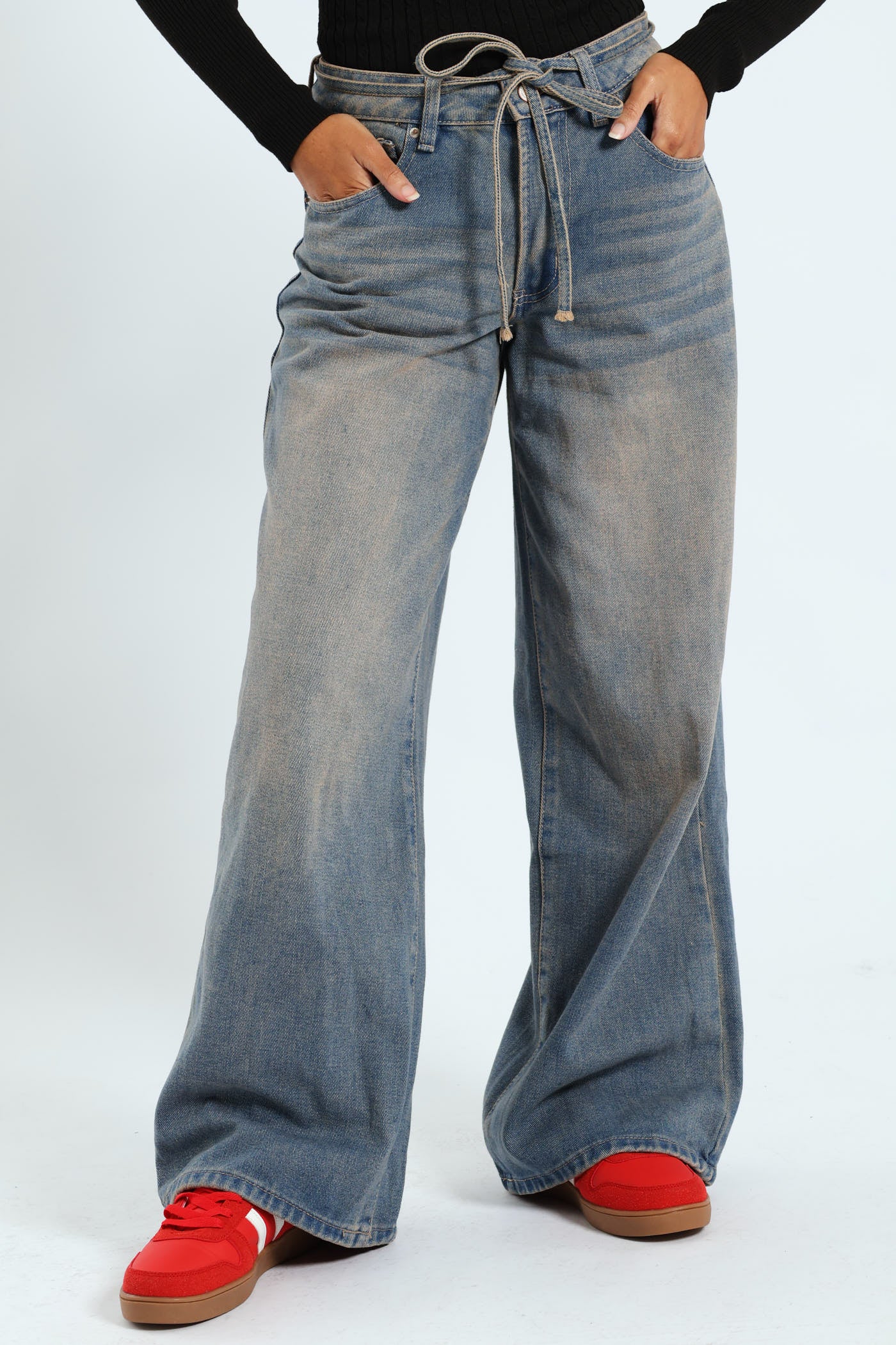 Tie Belt Wideleg Tea Stain Jean - Ink