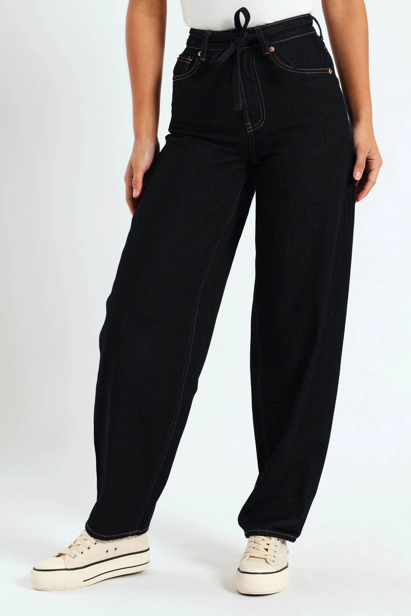 Tie Detail Barrel Leg Jean - Dark Wash Ink