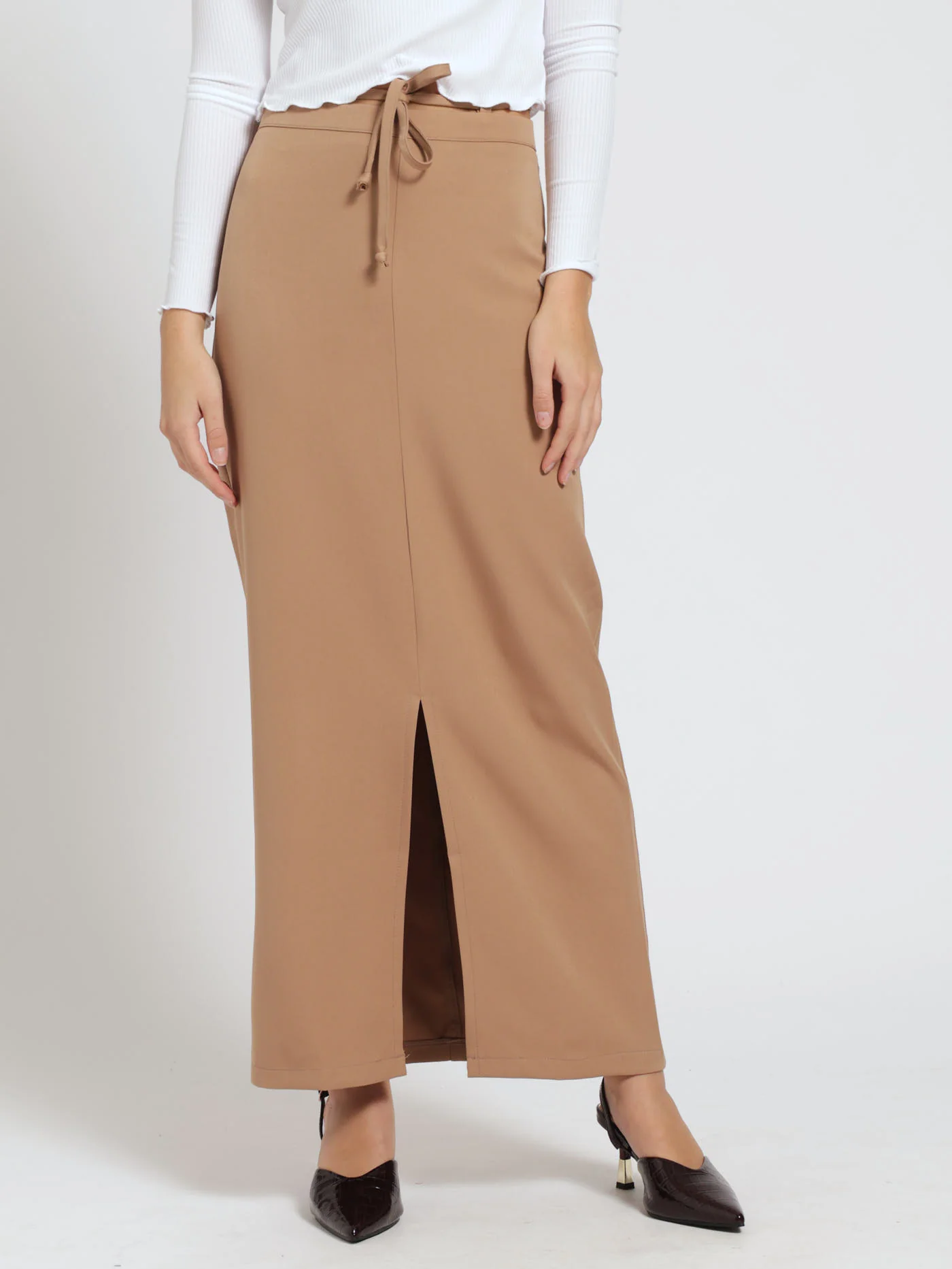Tie Detail Pencil Midi Skirt - Beige