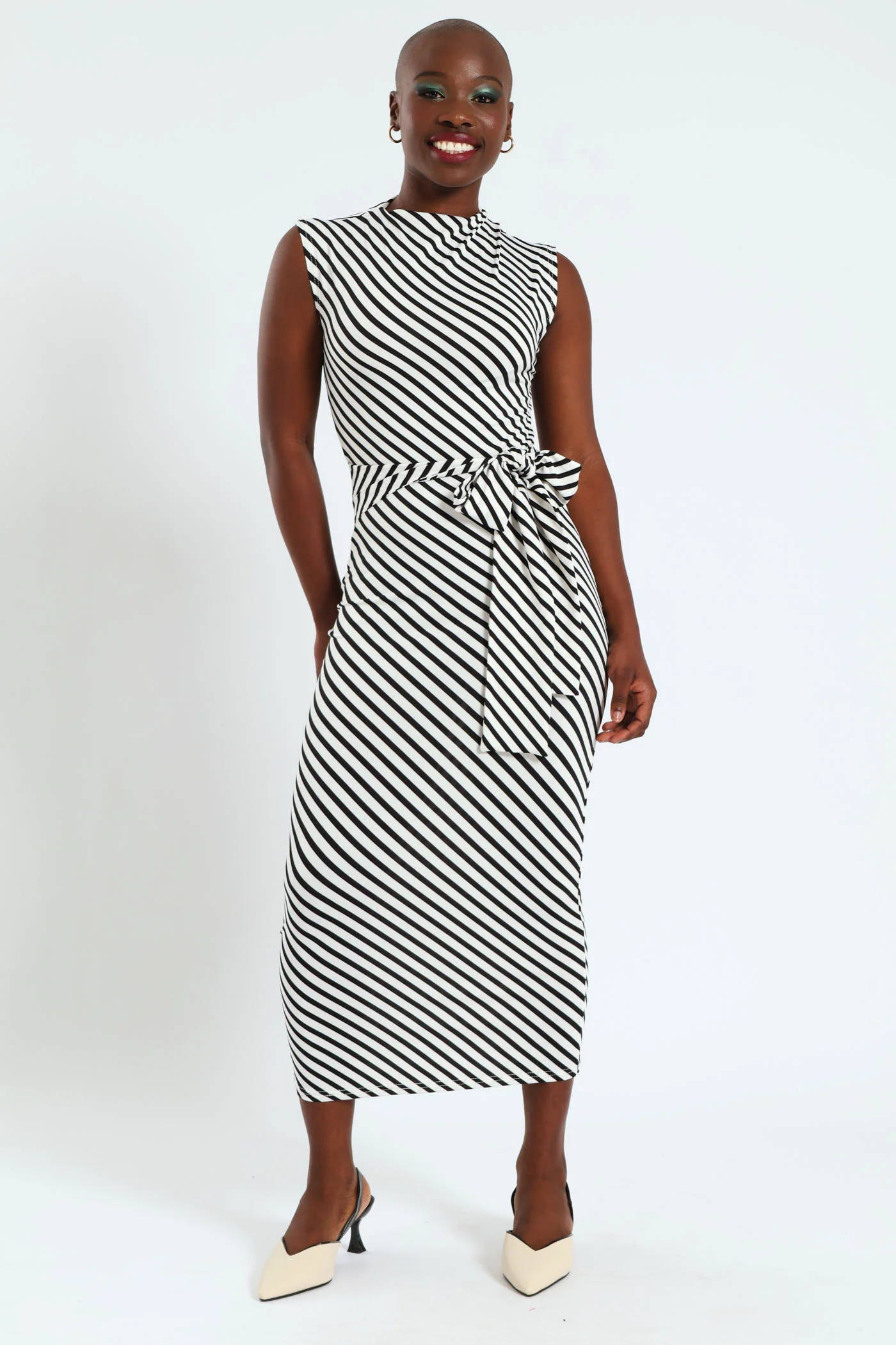 Tie Detail Slinky Hi Neck Bodycon Dress - Black/White