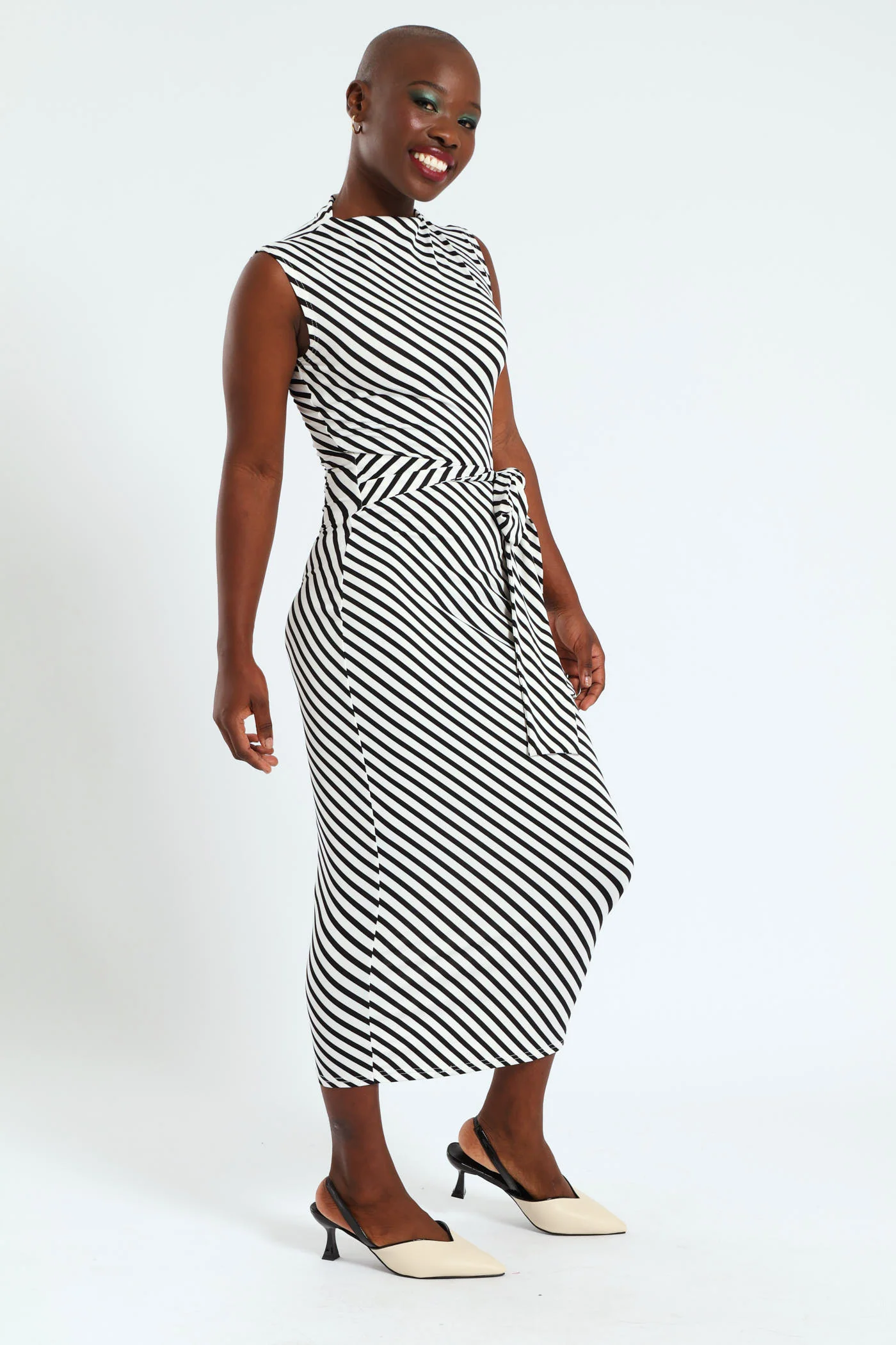 Tie Detail Slinky Hi Neck Bodycon Dress - Black/White - Image 3