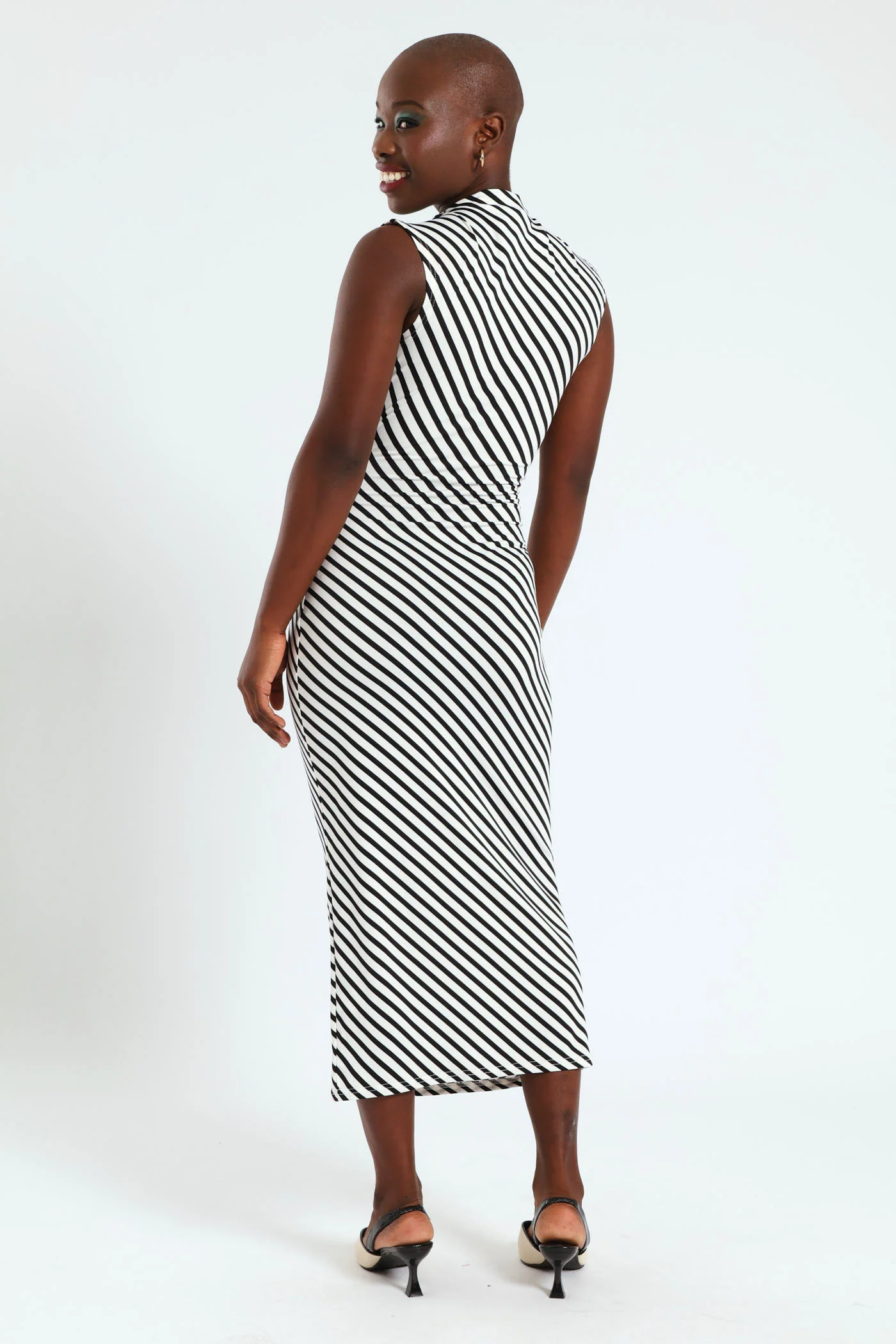 Tie Detail Slinky Hi Neck Bodycon Dress - Black/White - Image 4