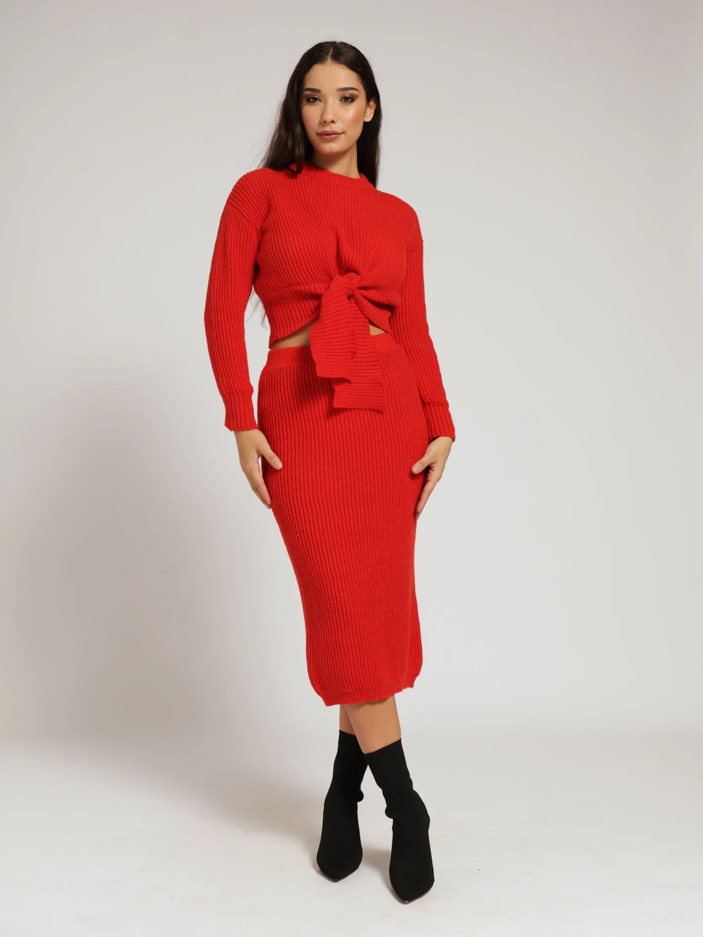 Tie Front Crew Neck Top - Red - Image 4