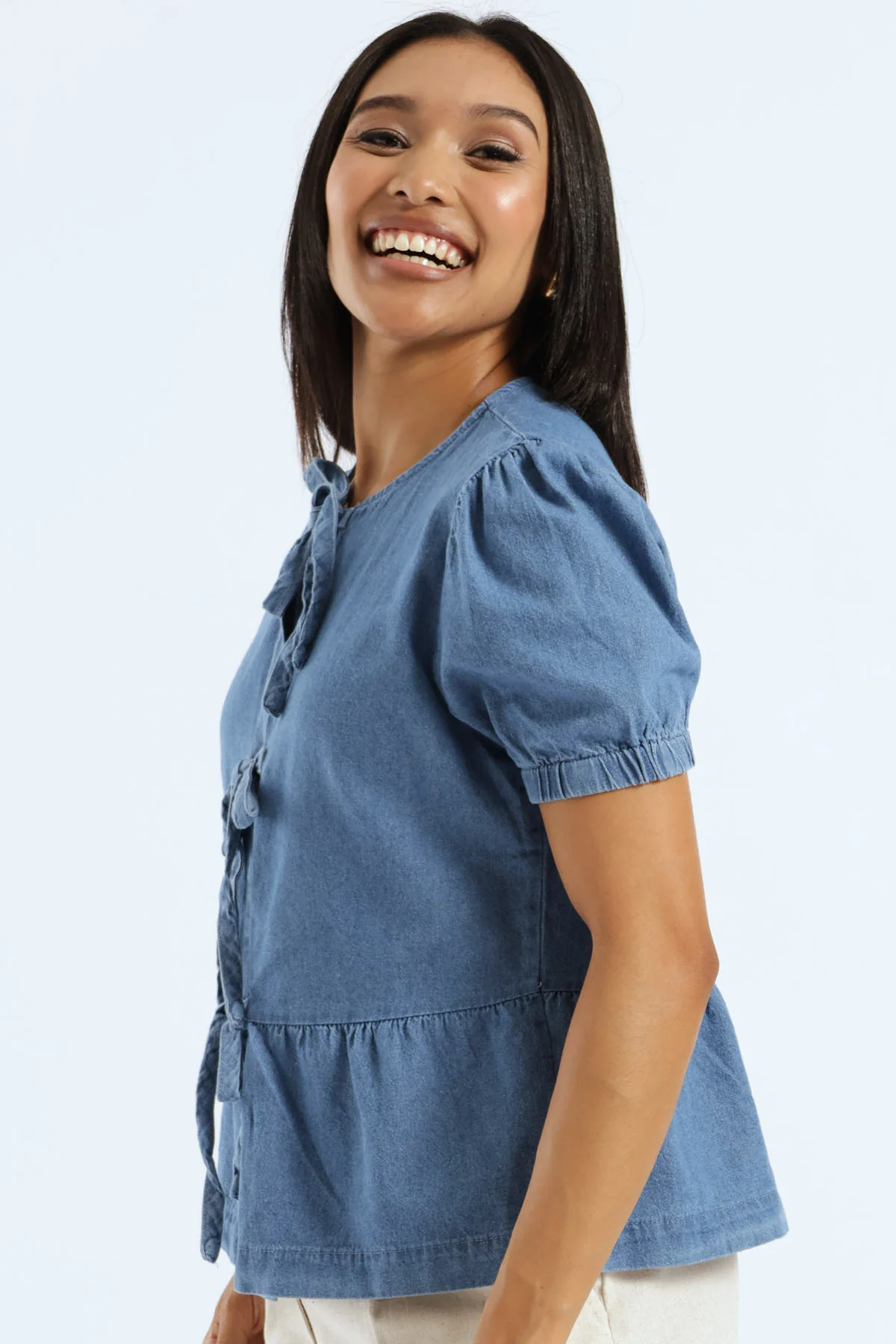 Tie Front Lightweight Denim Peplum Top - Medium Wash - Image 5