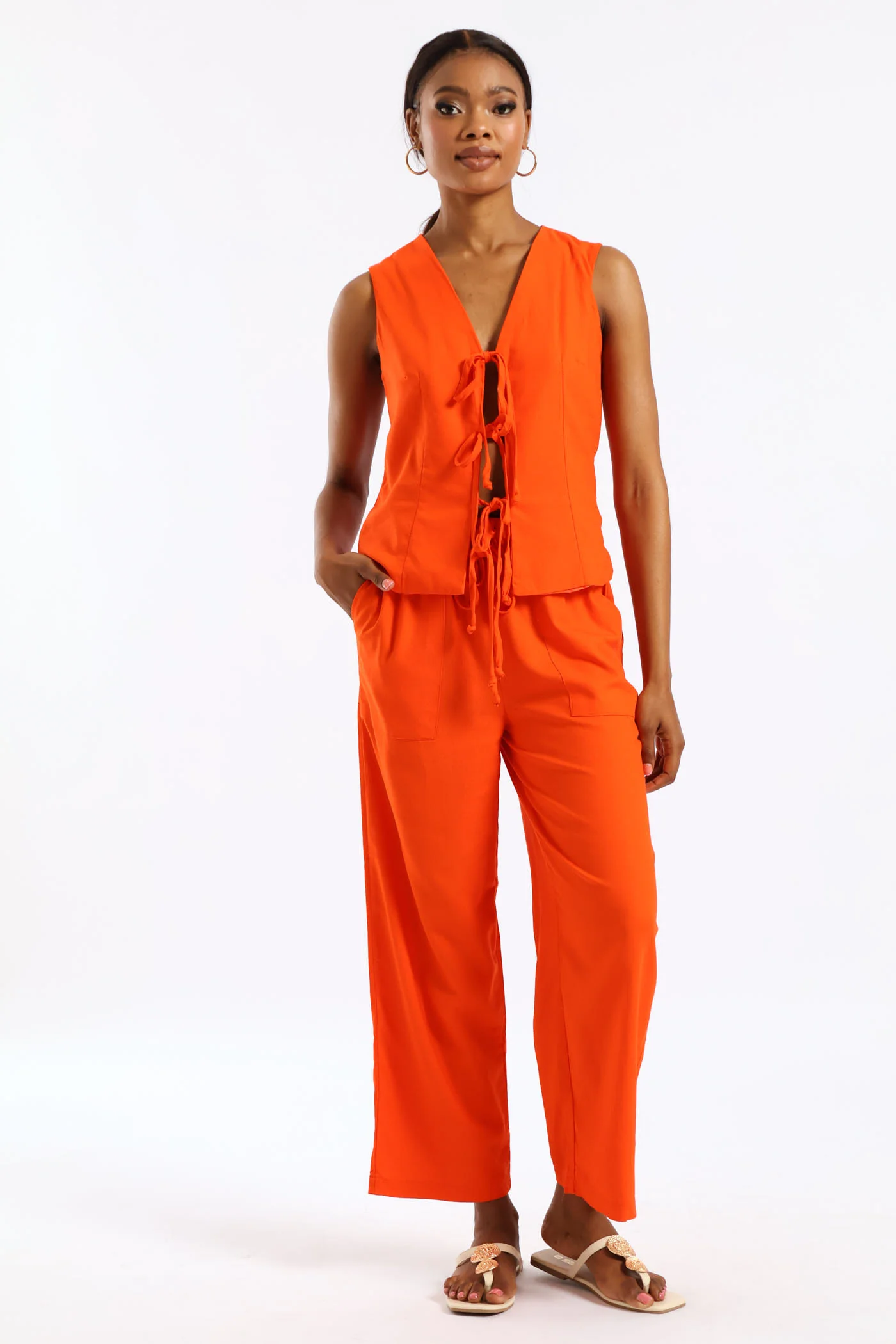 Tie Front Linen Look Gilet - Tangerine - Image 2