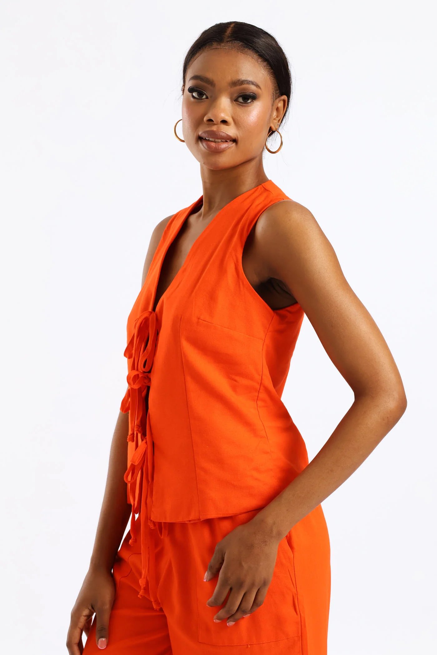 Tie Front Linen Look Gilet - Tangerine - Image 3