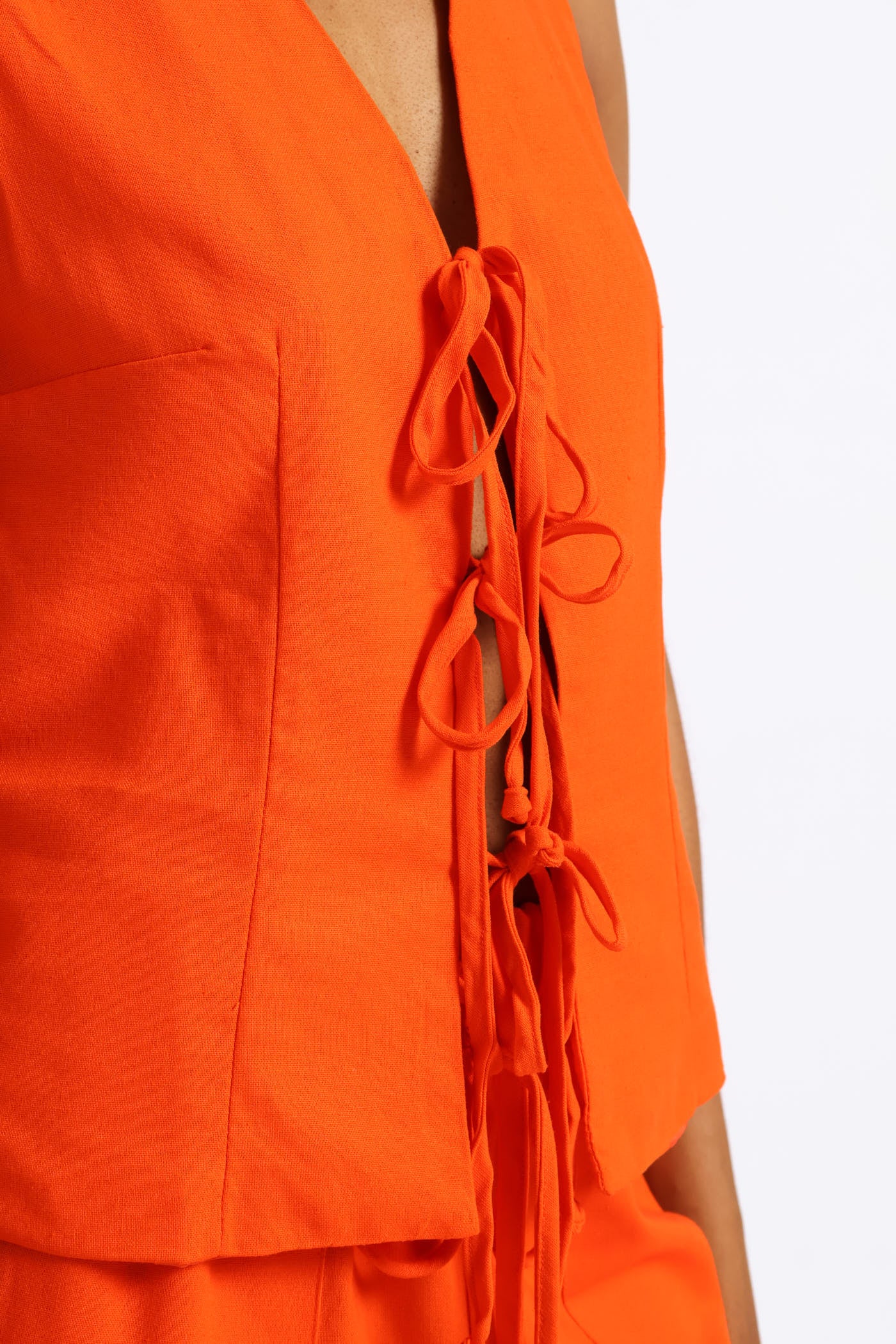 Tie Front Linen Look Gilet - Tangerine - Image 4