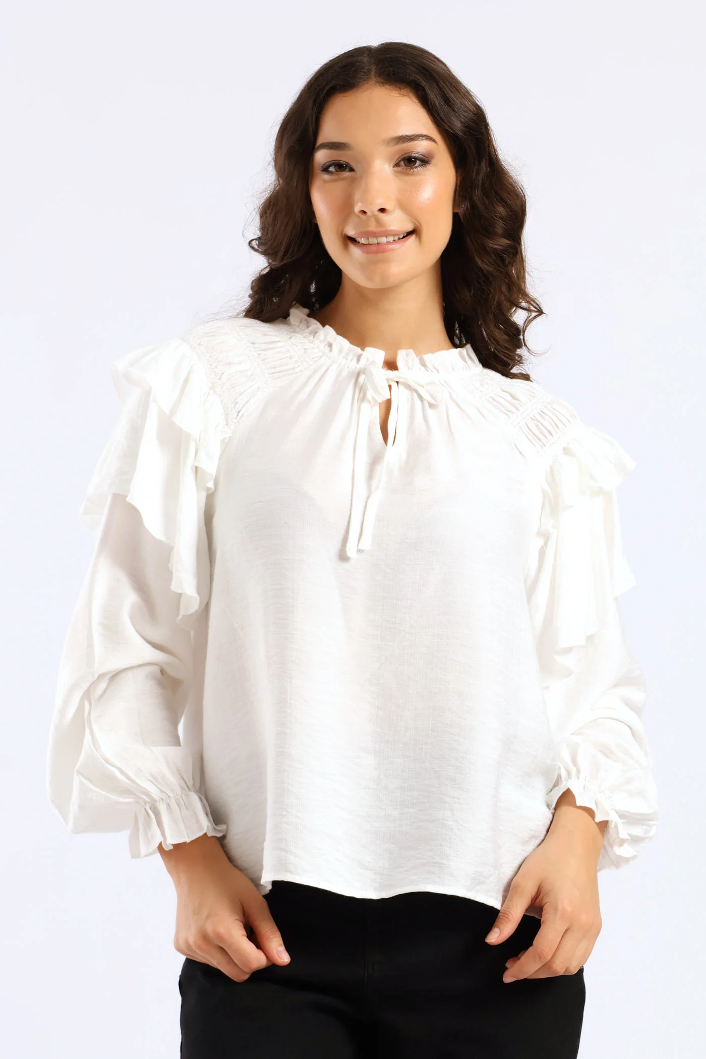 Tie Front Shirred Flowy Blouse - White