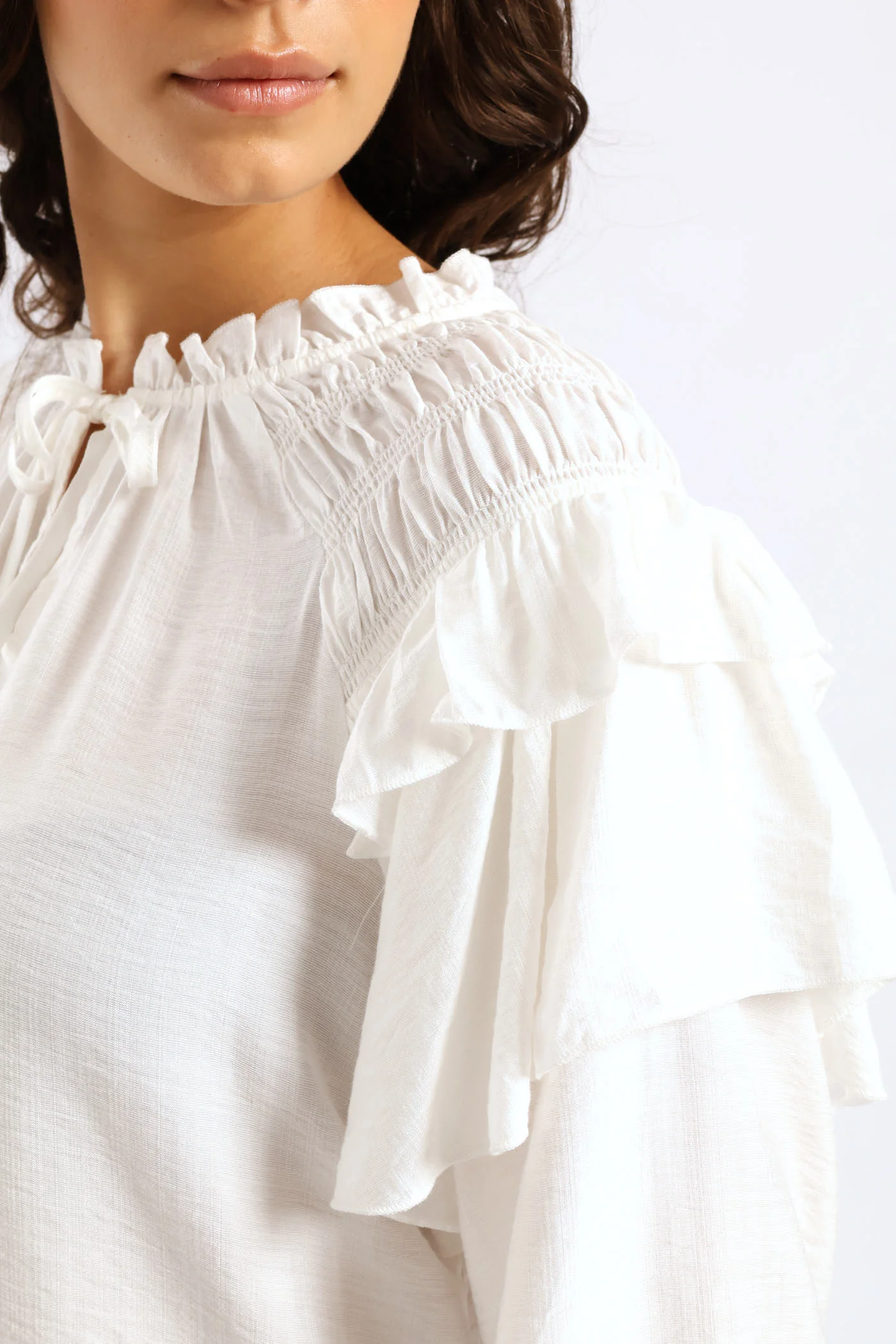 Tie Front Shirred Flowy Blouse - White - Image 2