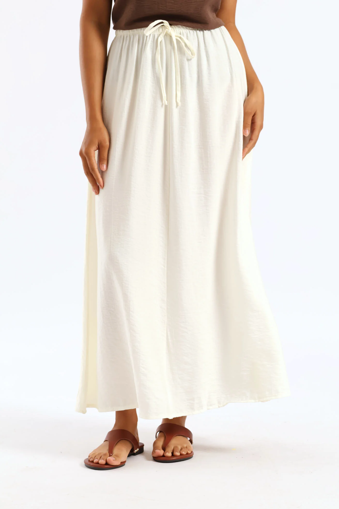 Tie Waist A Line Midi Skirt - White - Image 3