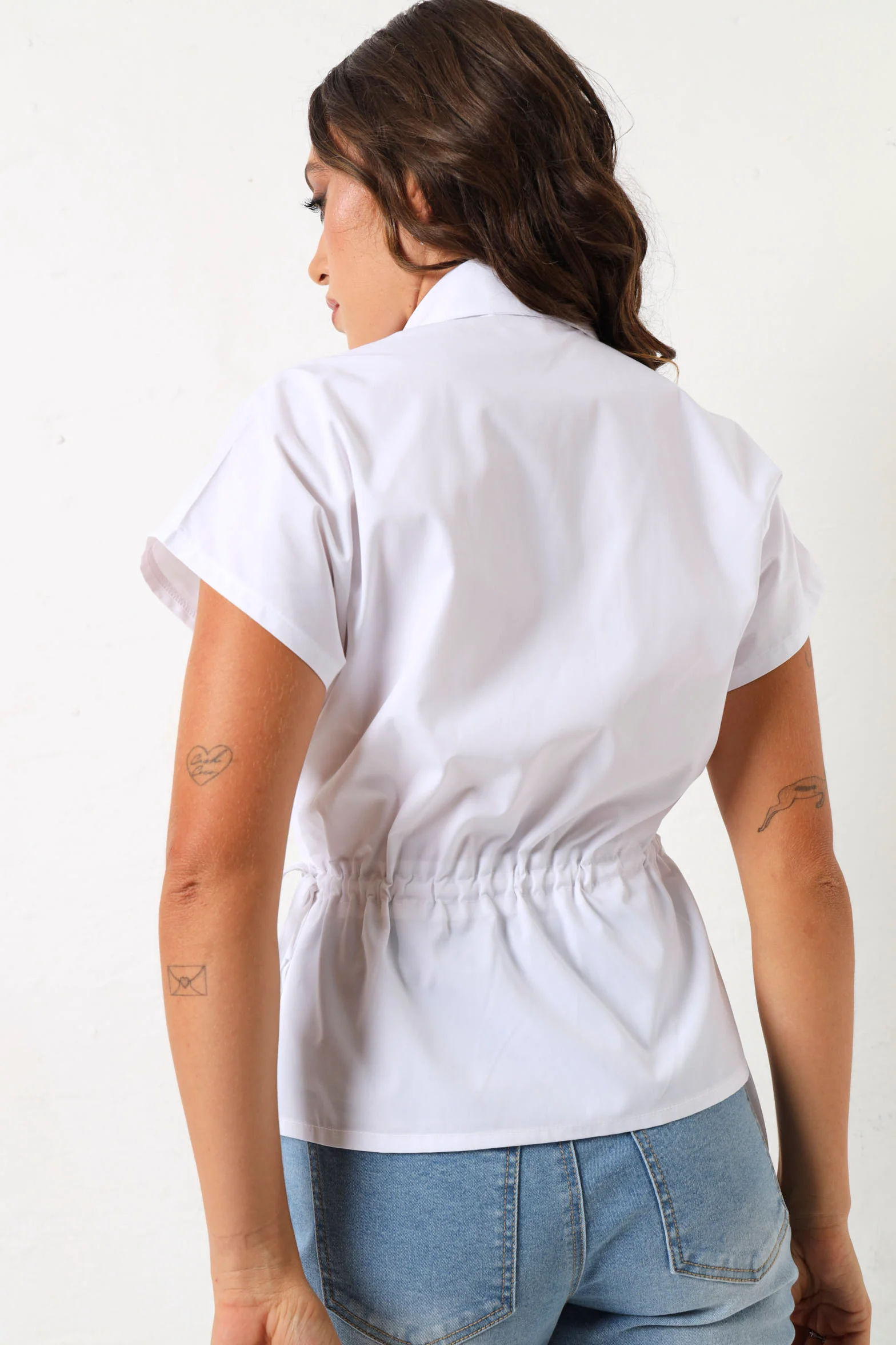 Tie Waist Extended Shoulder Poplin Shirt - White - Image 3