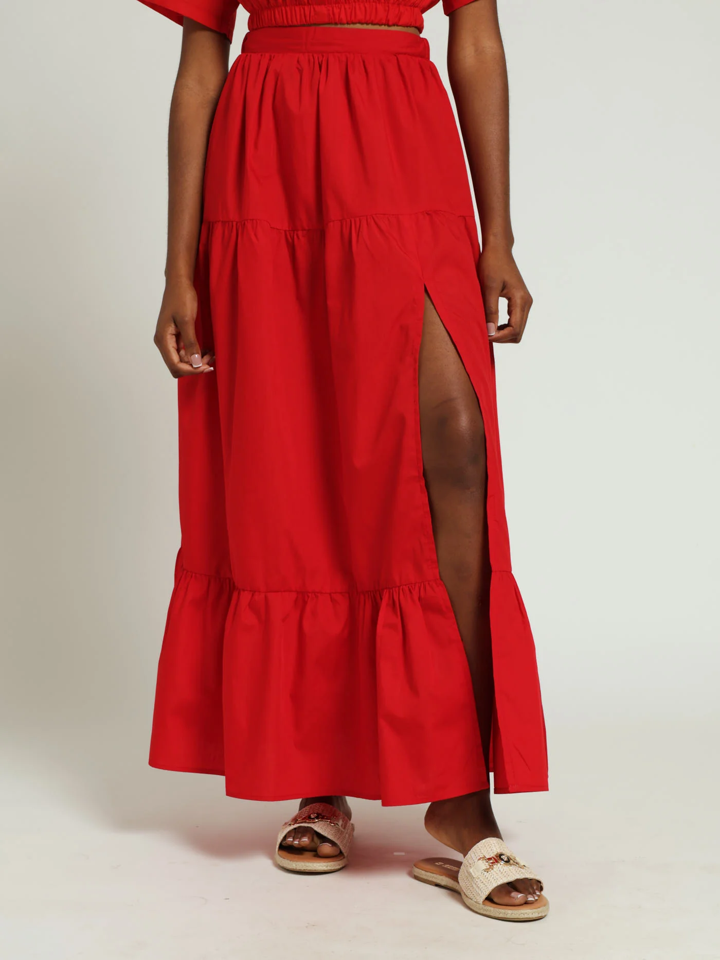 Tiered Poplin Midi Skirt - Red