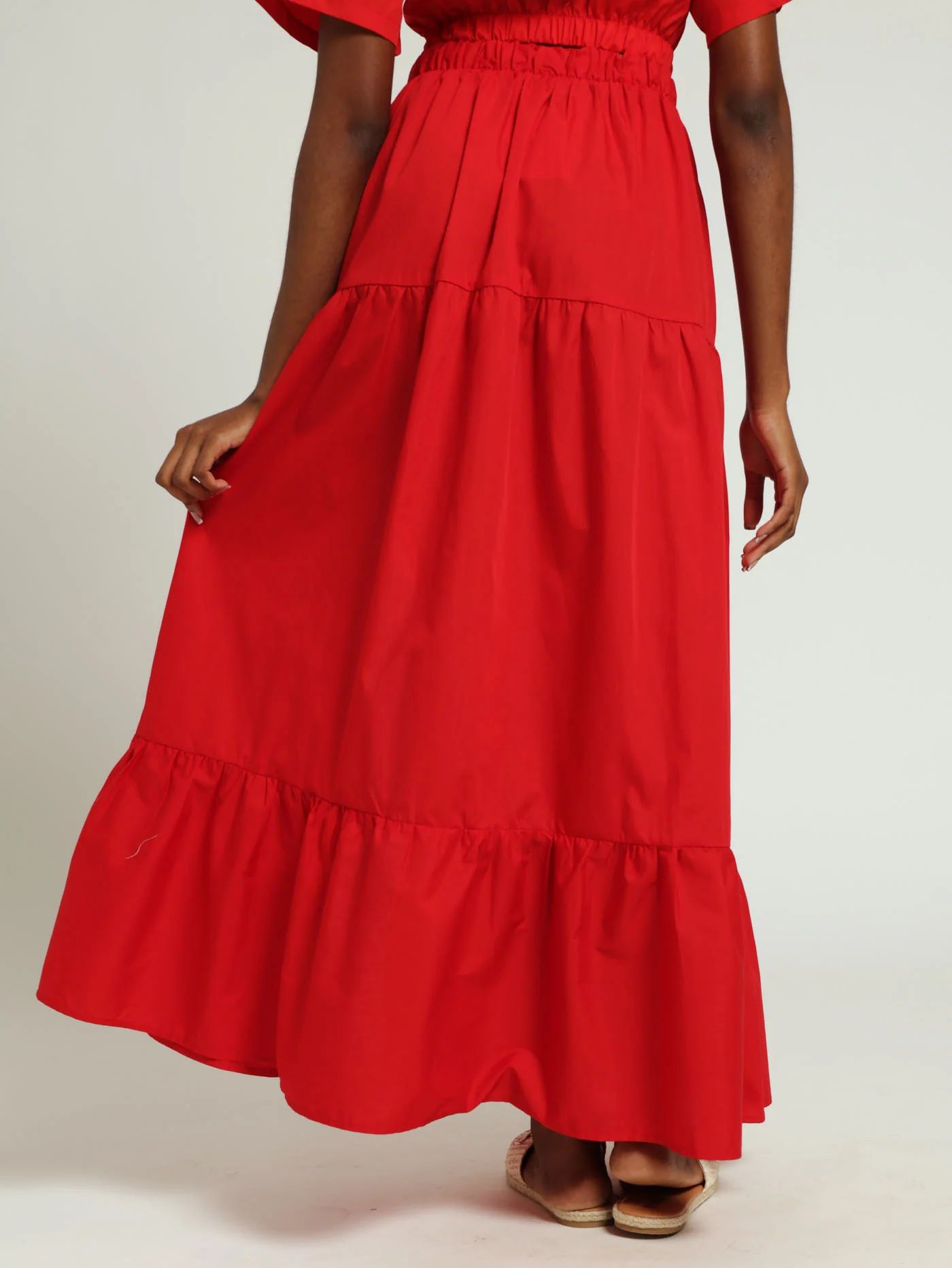 Tiered Poplin Midi Skirt - Red - Image 3