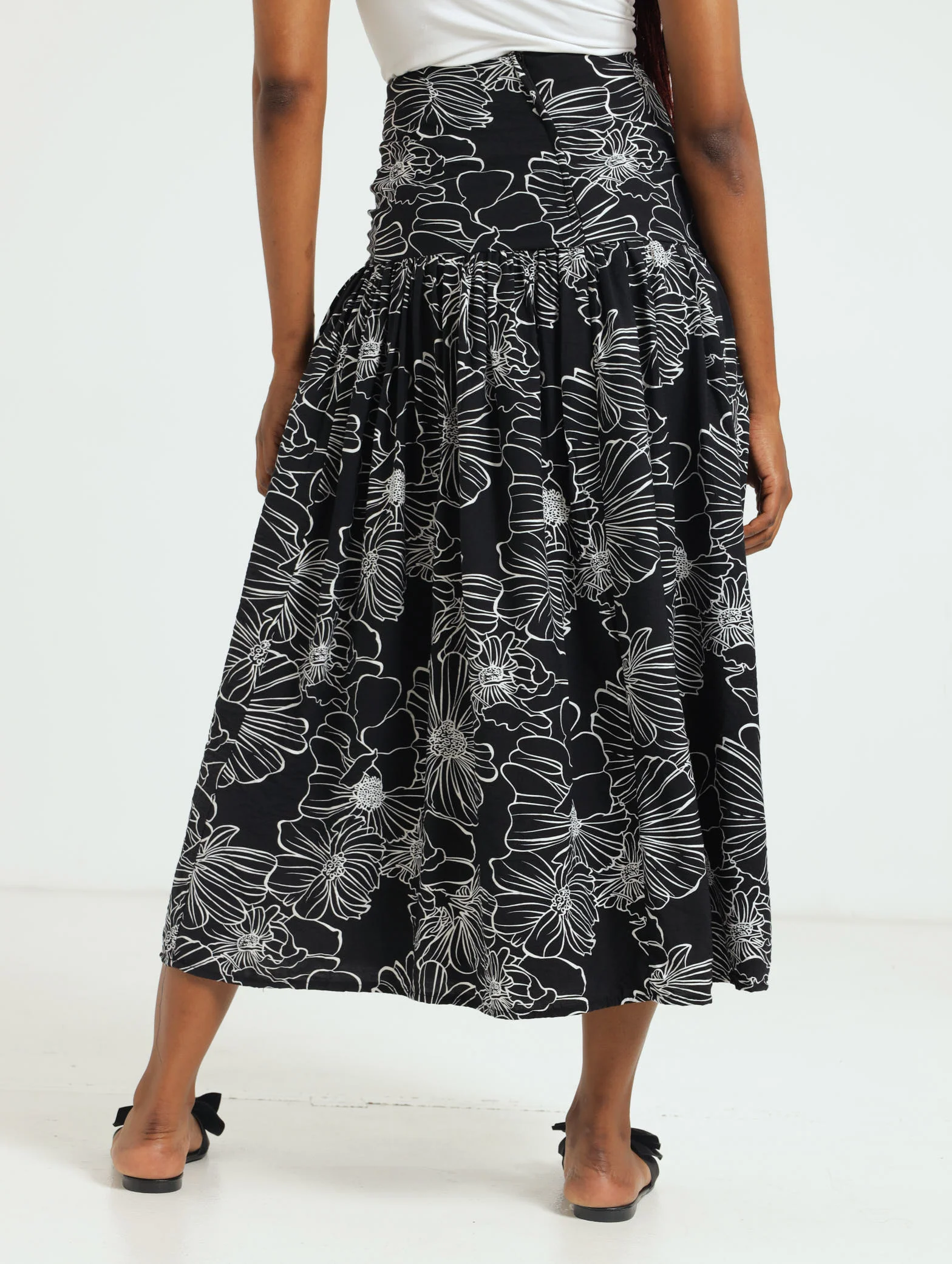 Tiered Printed Linen Midi Skirt - Black/White - Image 3