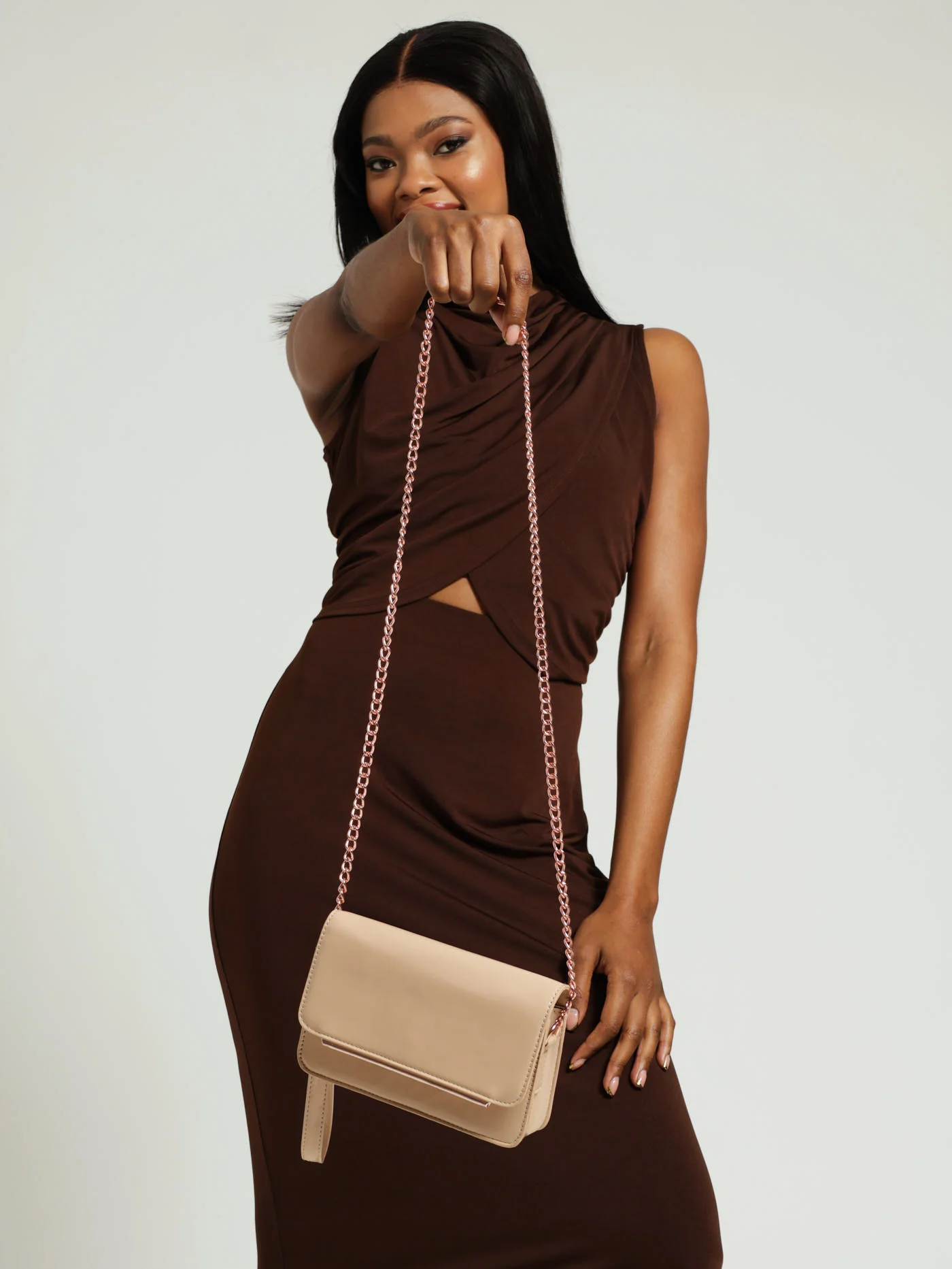Trim Chain Strap Satchel - Beige - Image 5