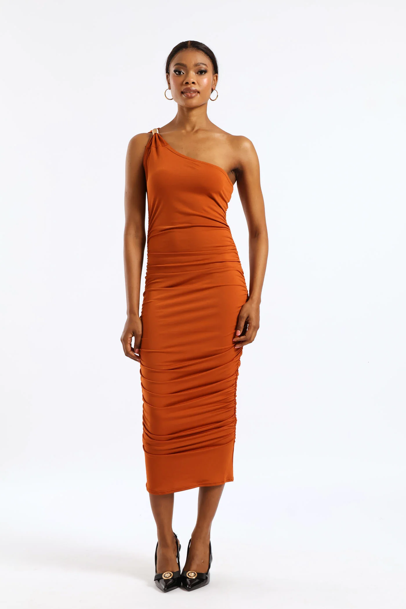 Trim Detail One Shoulder Dress - Rust