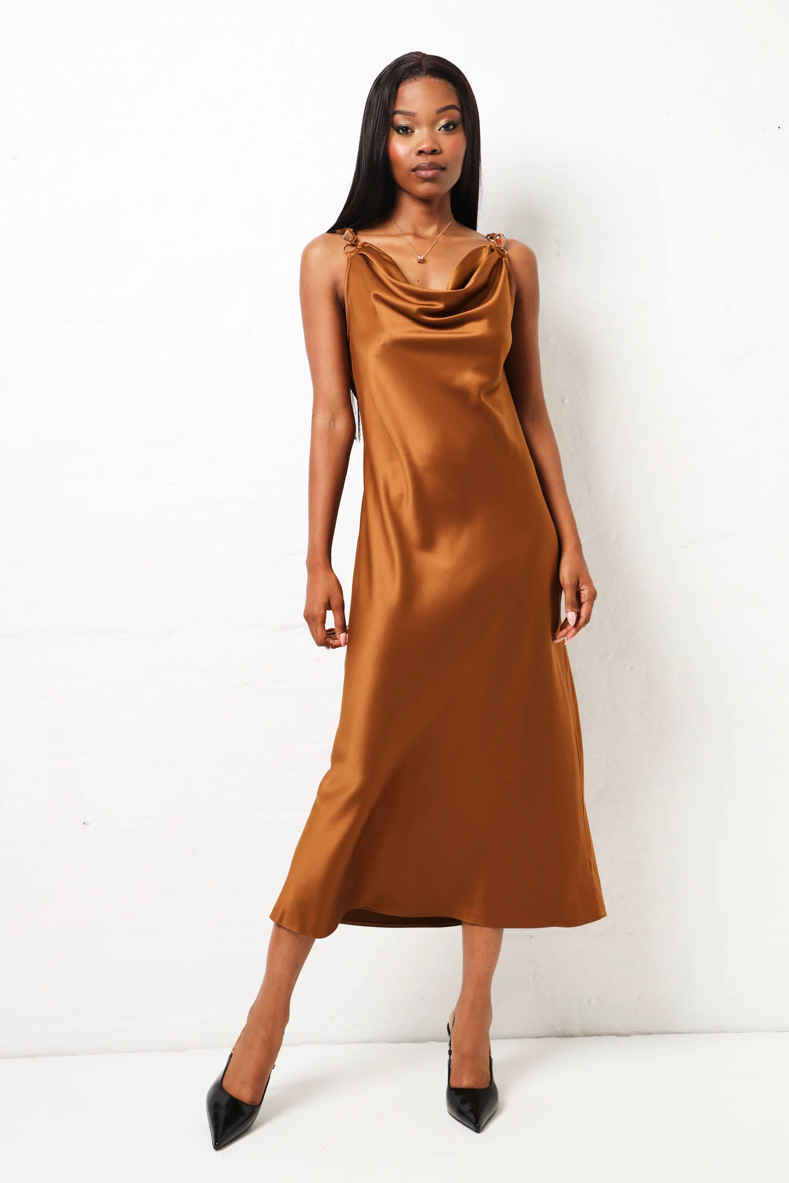 Trim Detail Satin Maxi Dress  - Tan