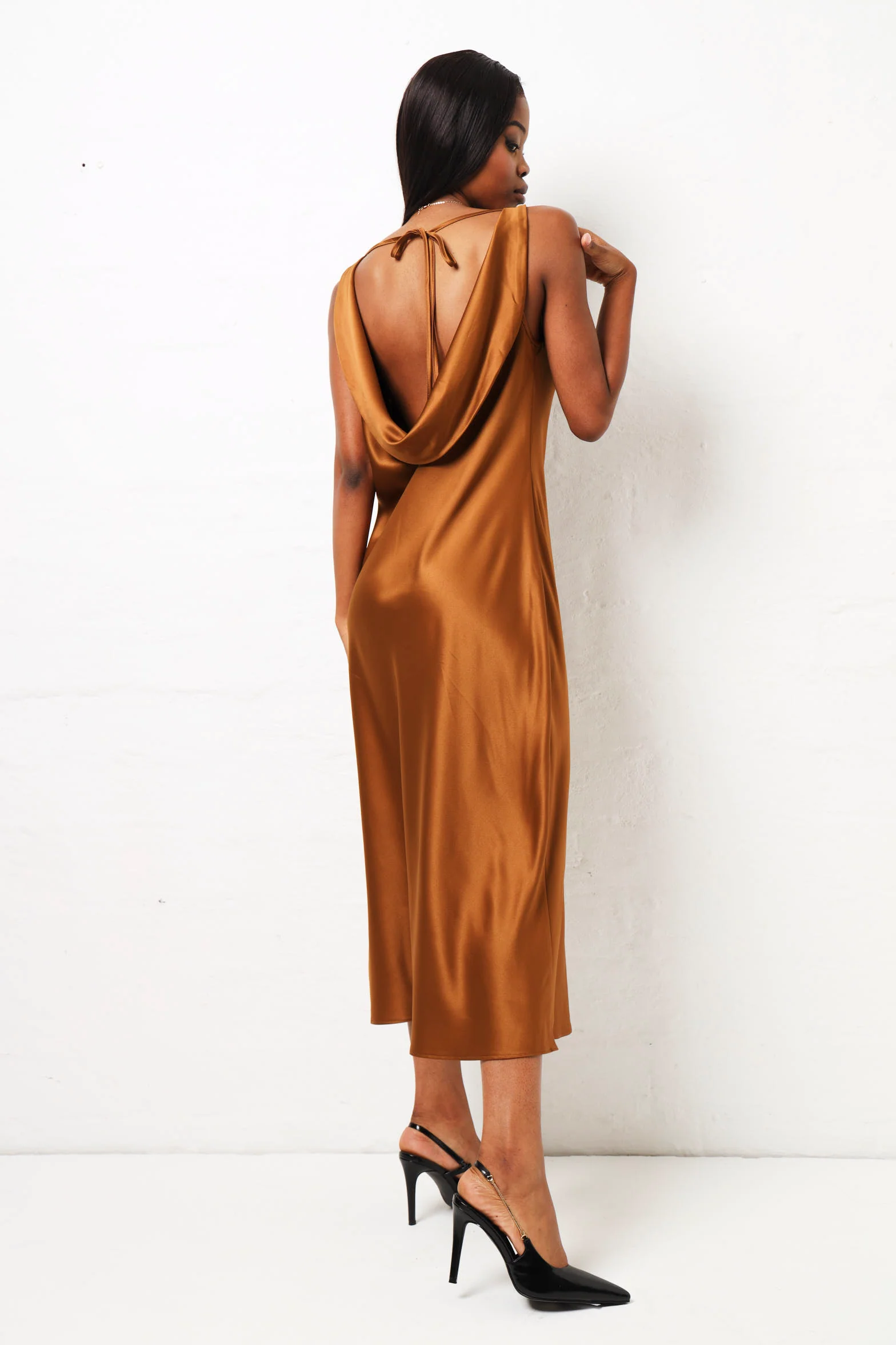 Trim Detail Satin Maxi Dress  - Tan - Image 2