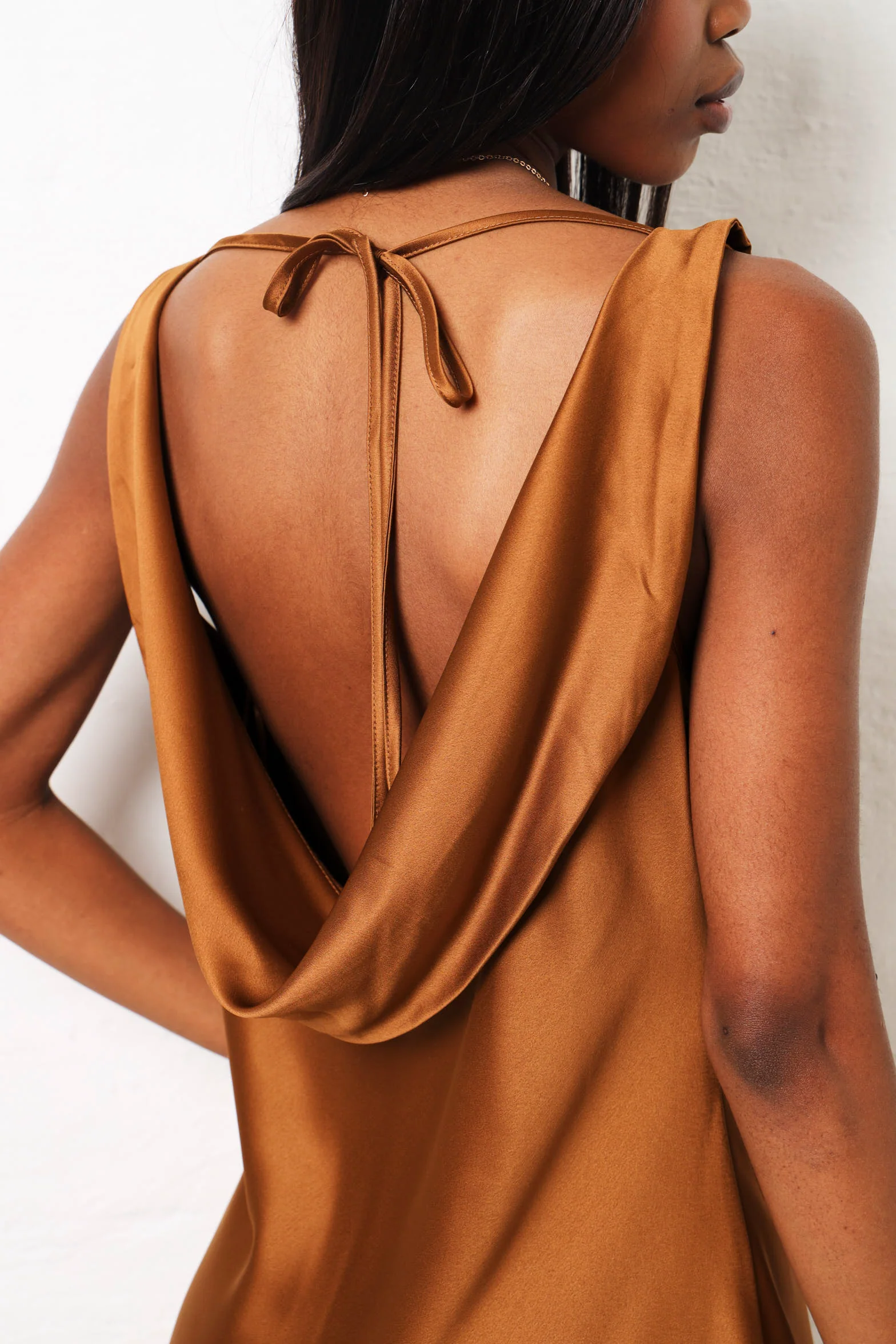 Trim Detail Satin Maxi Dress  - Tan - Image 3