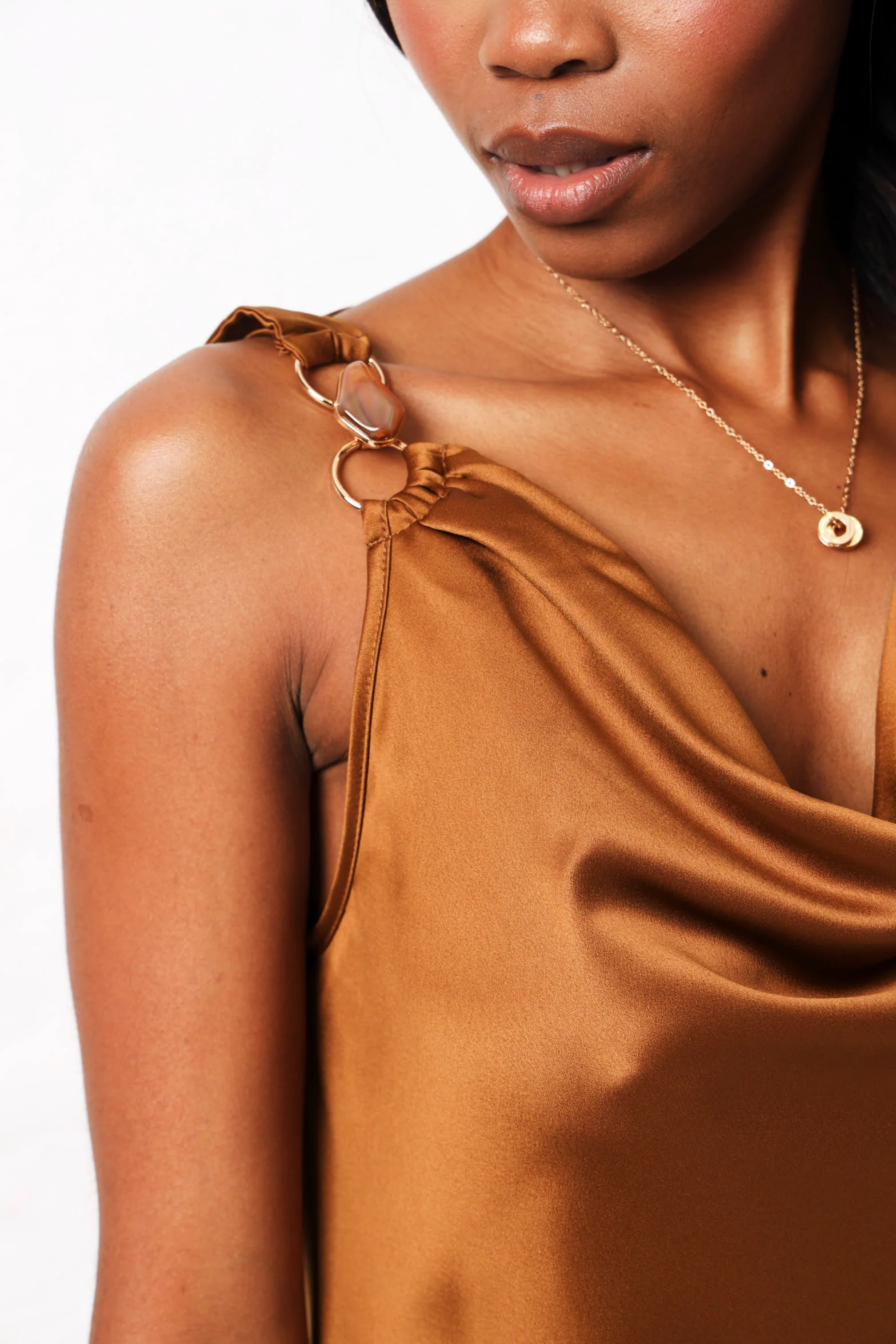 Trim Detail Satin Maxi Dress  - Tan - Image 5